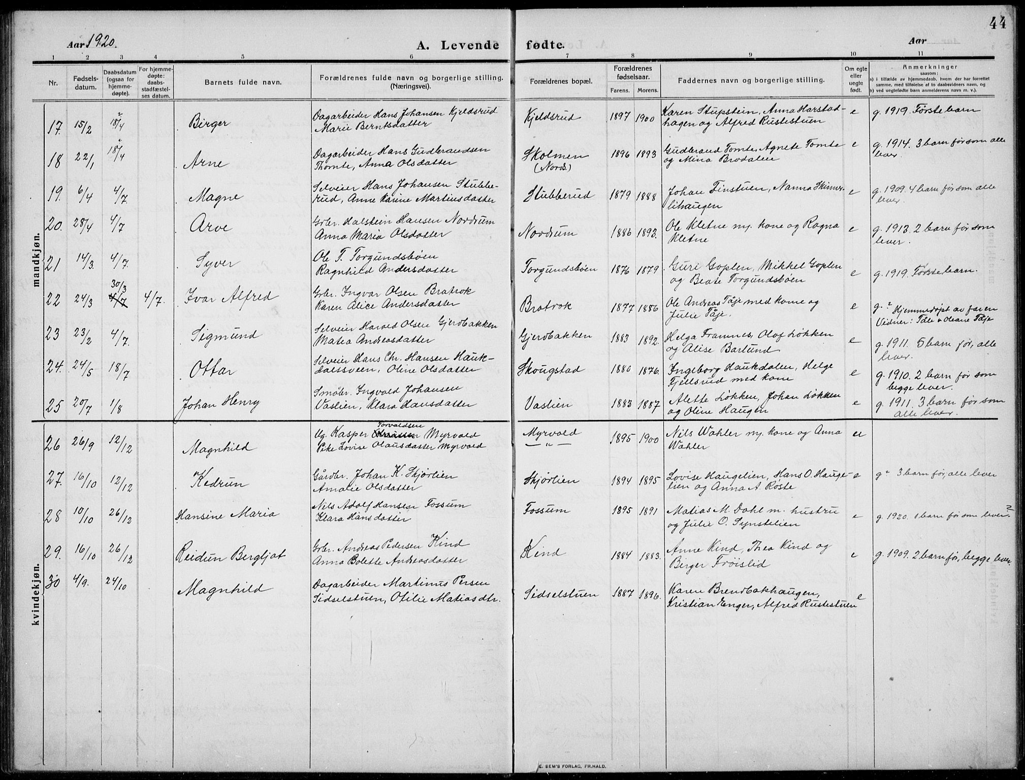 Nordre Land prestekontor, AV/SAH-PREST-124/H/Ha/Hab/L0002: Parish register (copy) no. 2, 1909-1934, p. 44