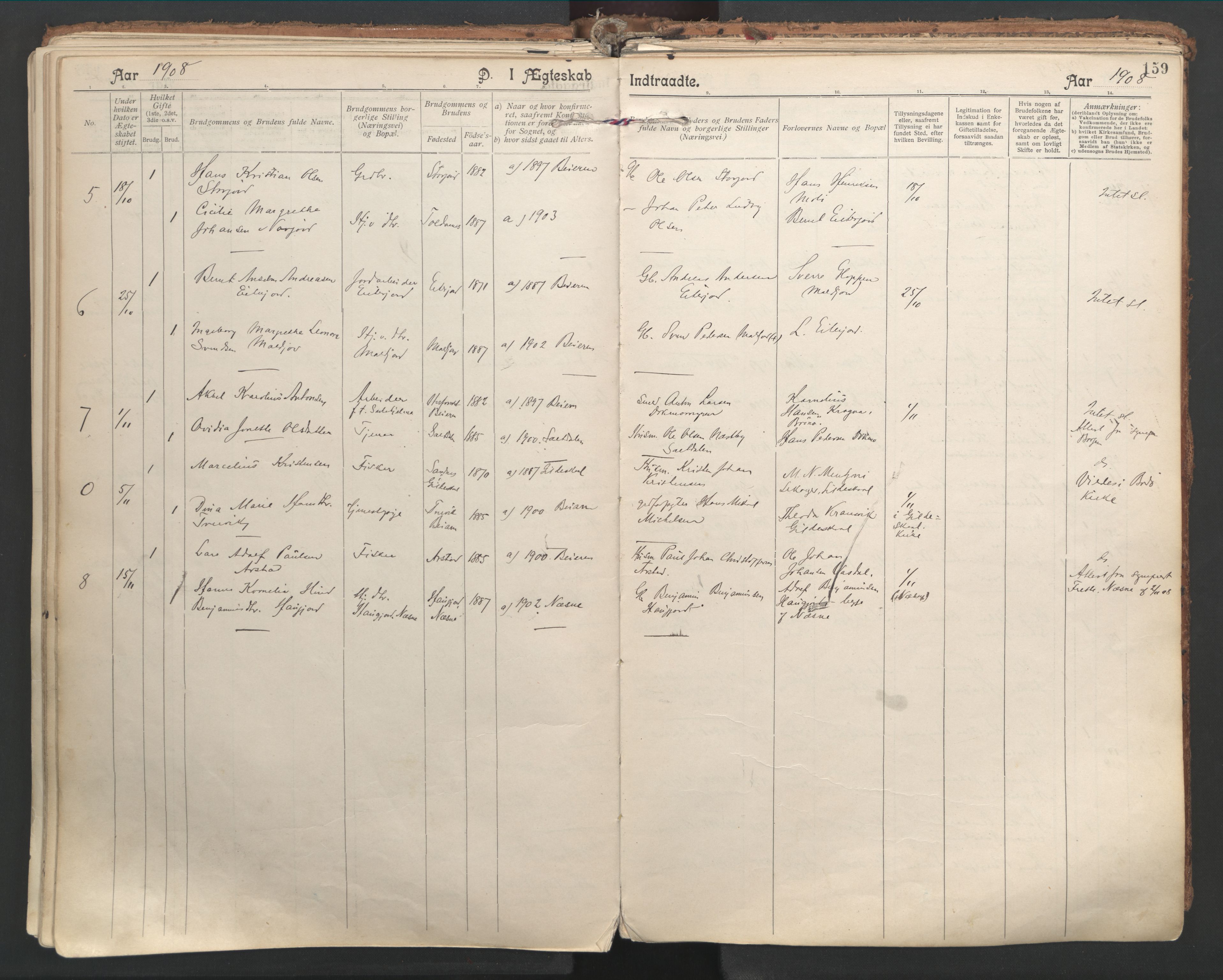 Ministerialprotokoller, klokkerbøker og fødselsregistre - Nordland, SAT/A-1459/846/L0647: Parish register (official) no. 846A05, 1902-1915, p. 159