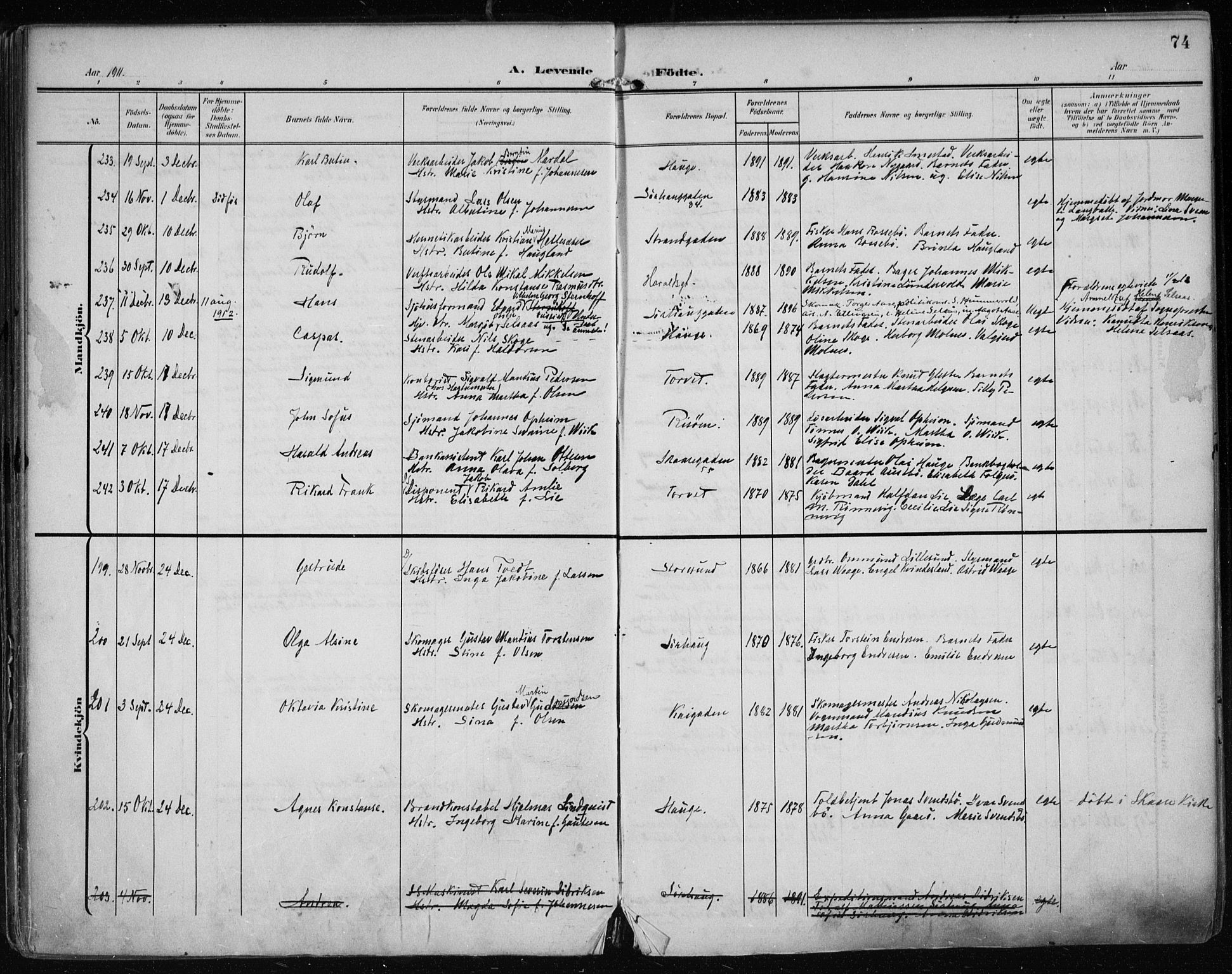 Haugesund sokneprestkontor, AV/SAST-A -101863/H/Ha/Haa/L0008: Parish register (official) no. A 8, 1908-1921, p. 74