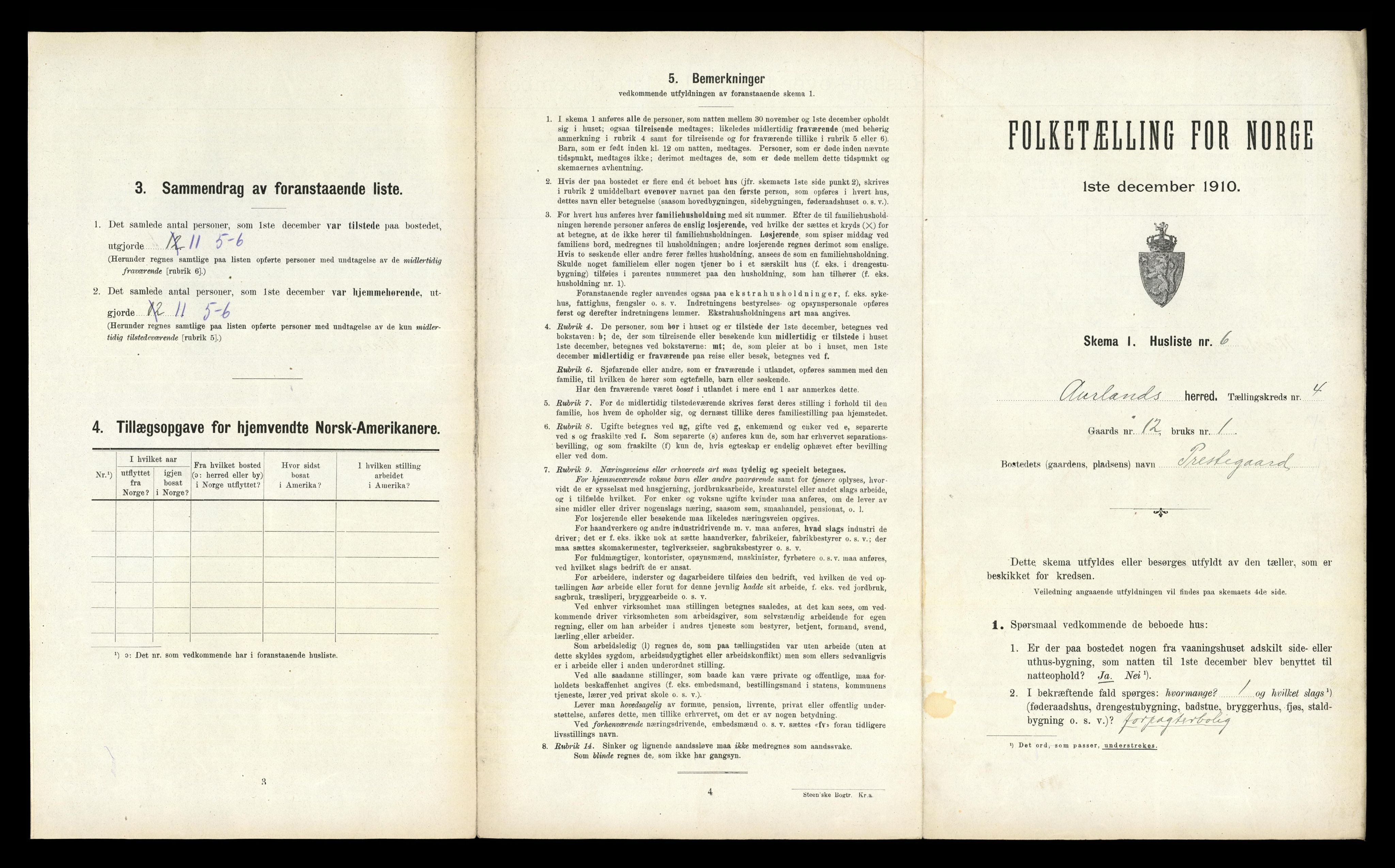 RA, 1910 census for Aurland, 1910, p. 271