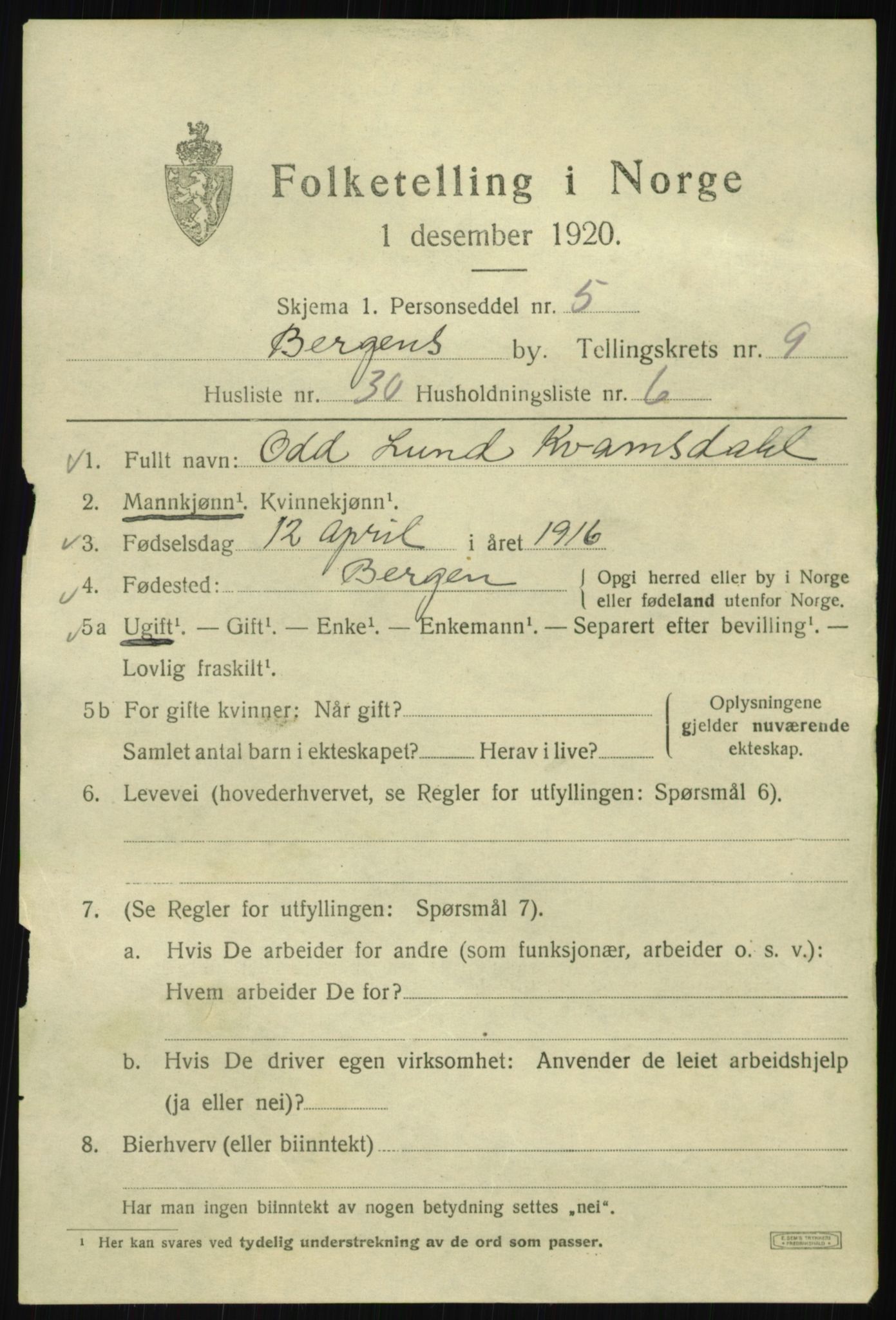 SAB, 1920 census for Bergen, 1920, p. 71339
