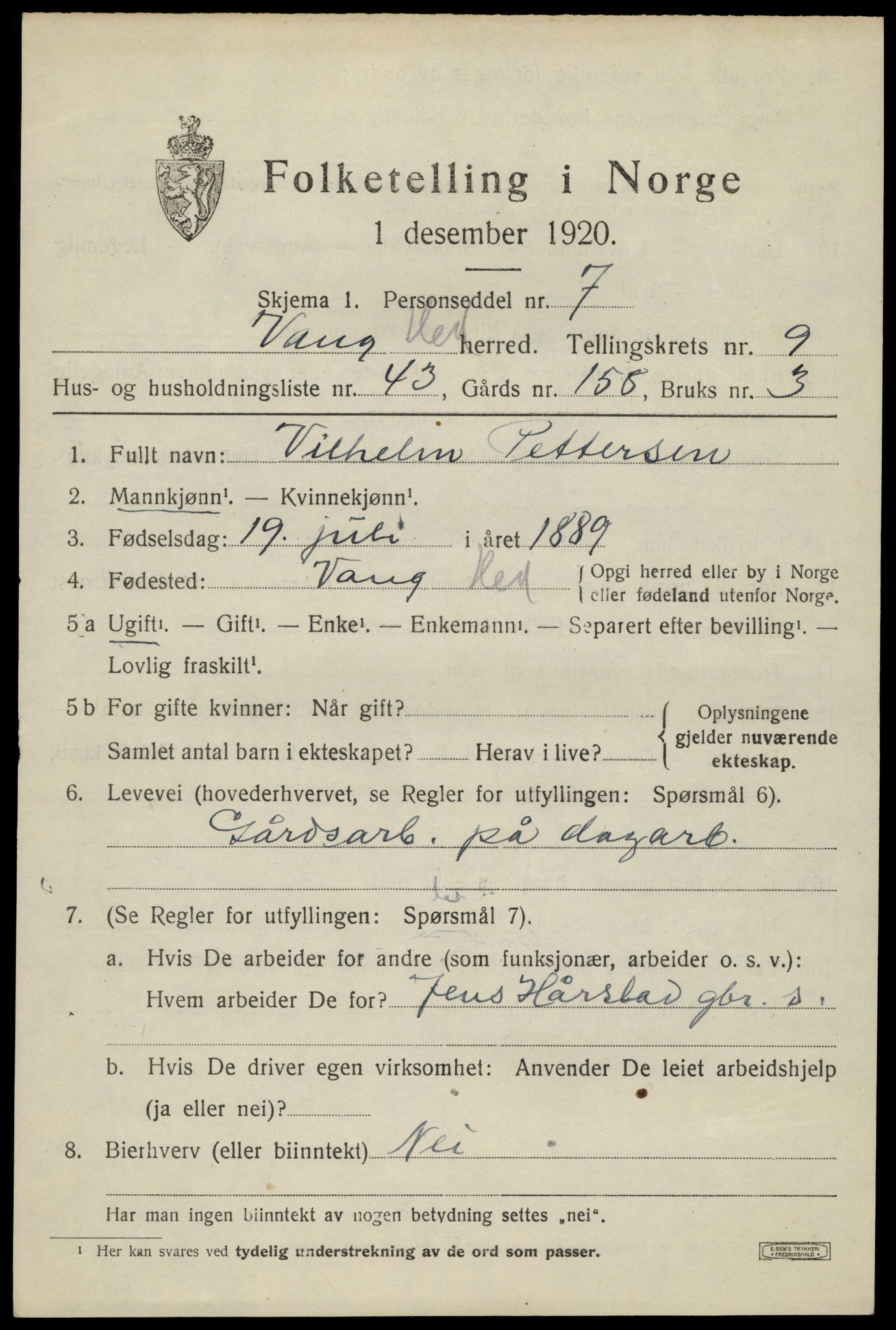 SAH, 1920 census for Vang (Hedmark), 1920, p. 18615