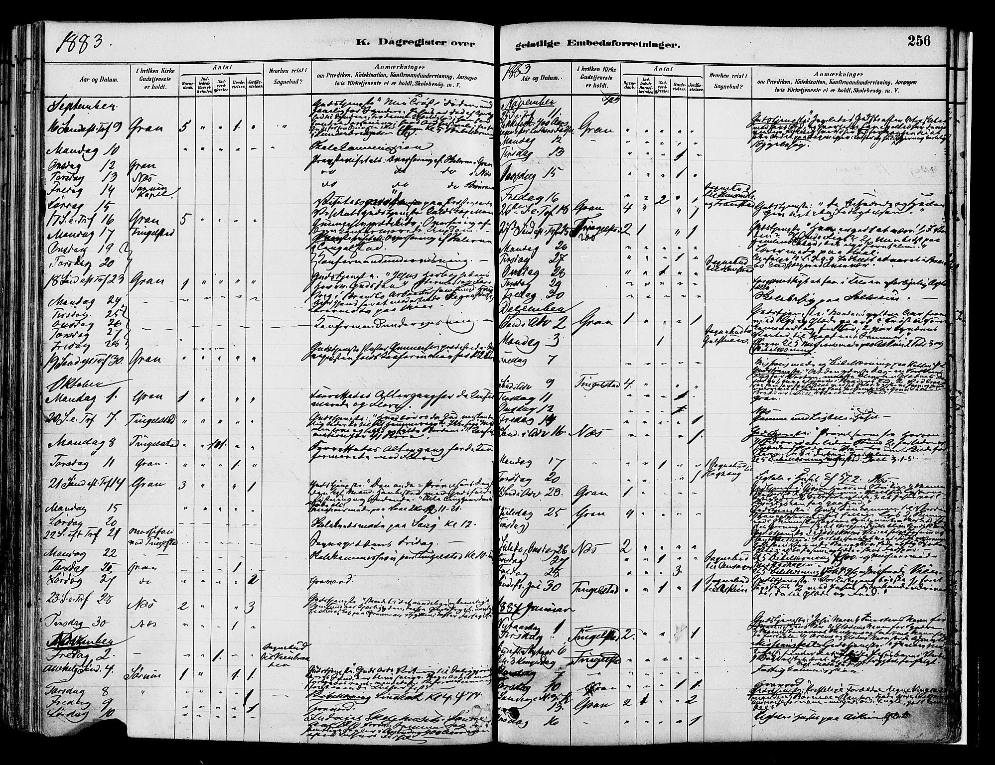 Gran prestekontor, SAH/PREST-112/H/Ha/Haa/L0014: Parish register (official) no. 14, 1880-1889, p. 256