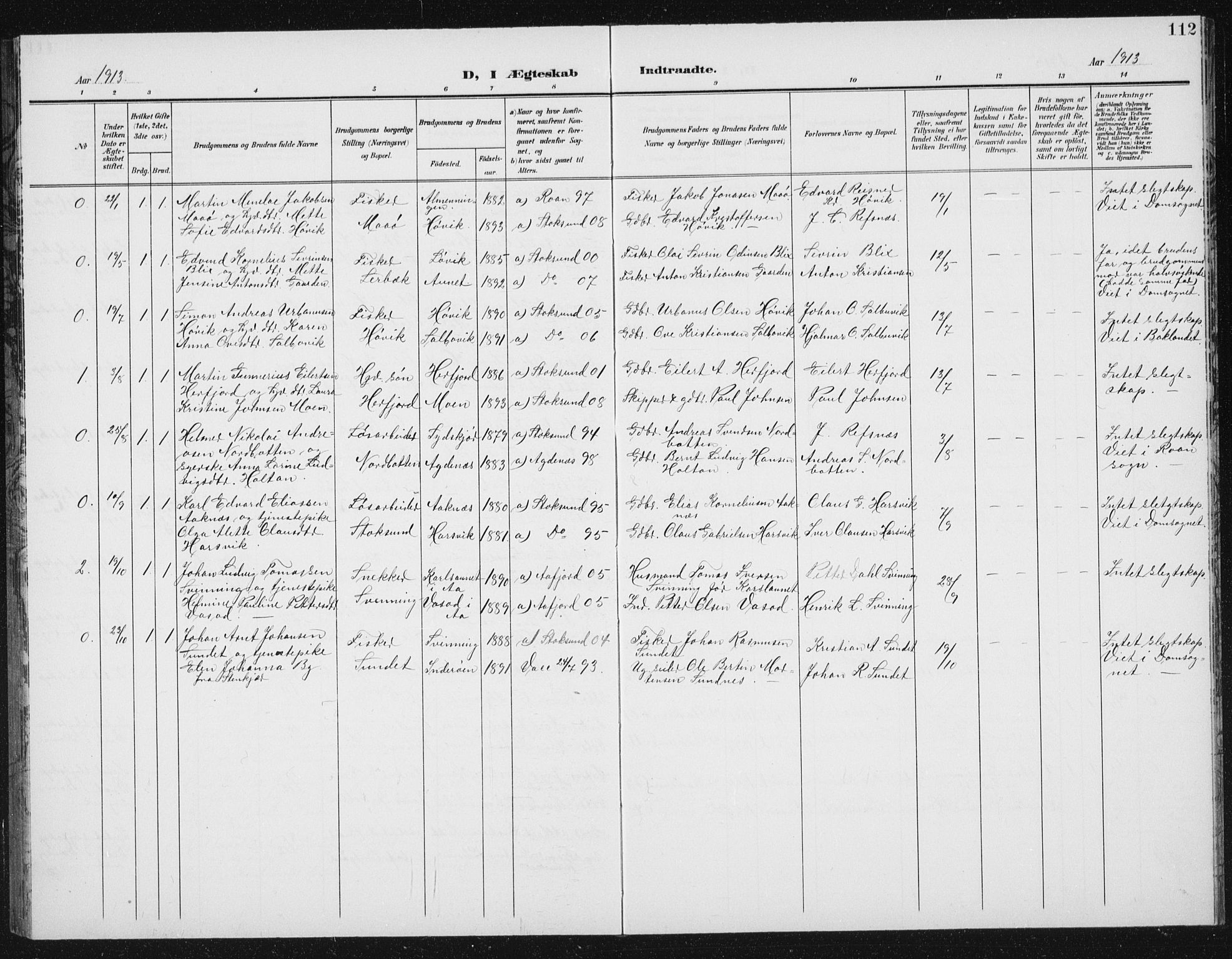 Ministerialprotokoller, klokkerbøker og fødselsregistre - Sør-Trøndelag, SAT/A-1456/656/L0699: Parish register (copy) no. 656C05, 1905-1920, p. 112