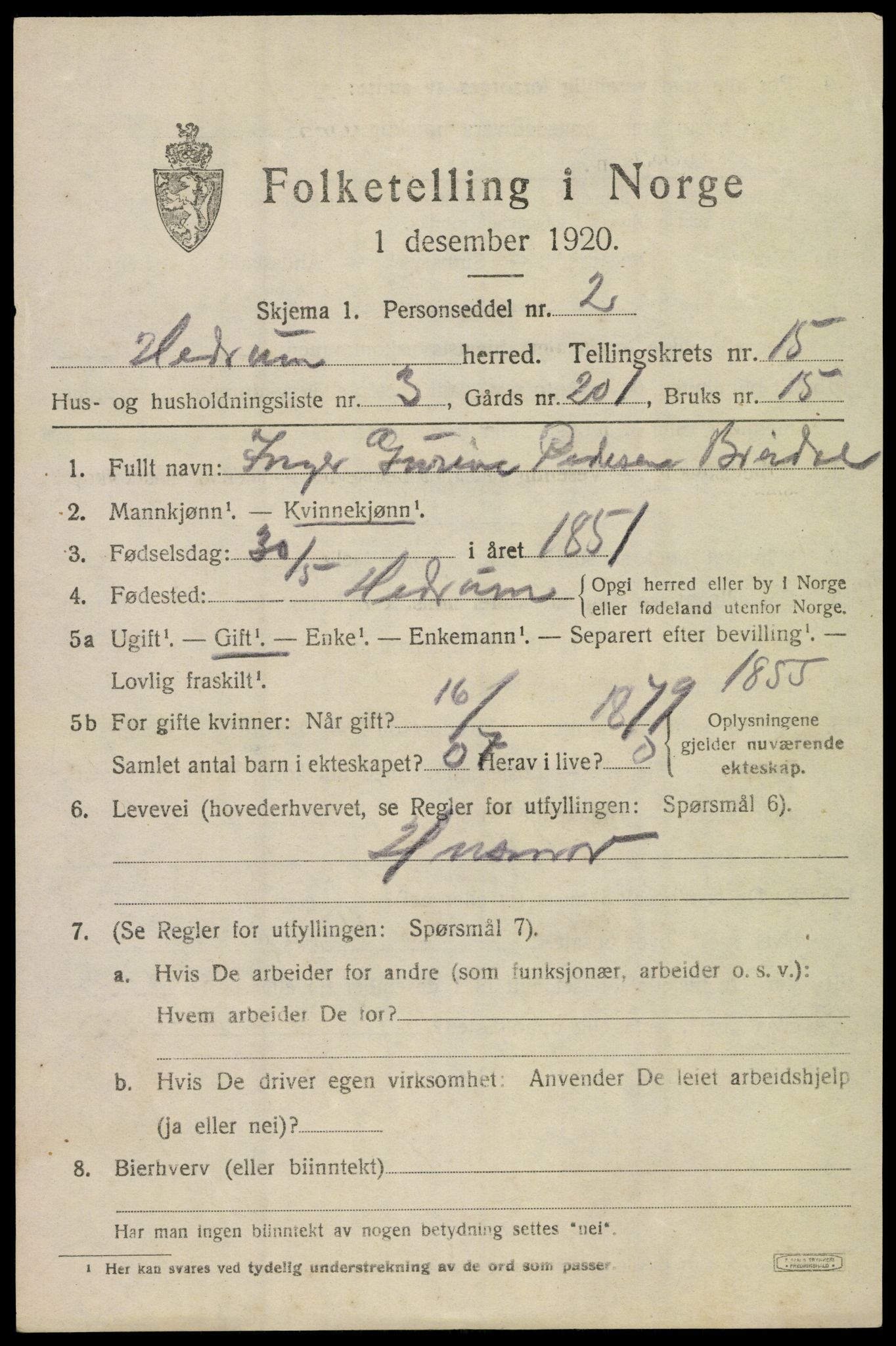 SAKO, 1920 census for Hedrum, 1920, p. 9915