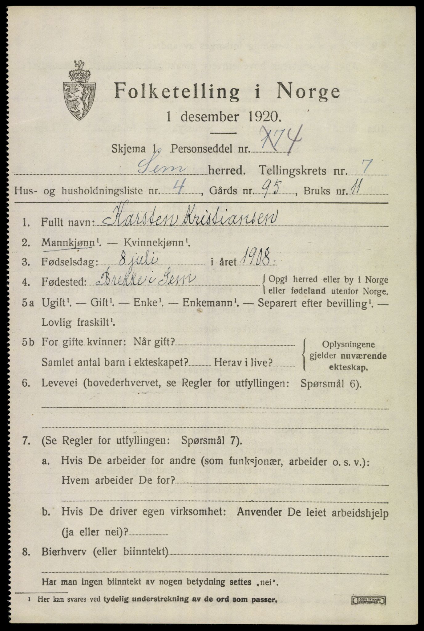 SAKO, 1920 census for Sem, 1920, p. 10375