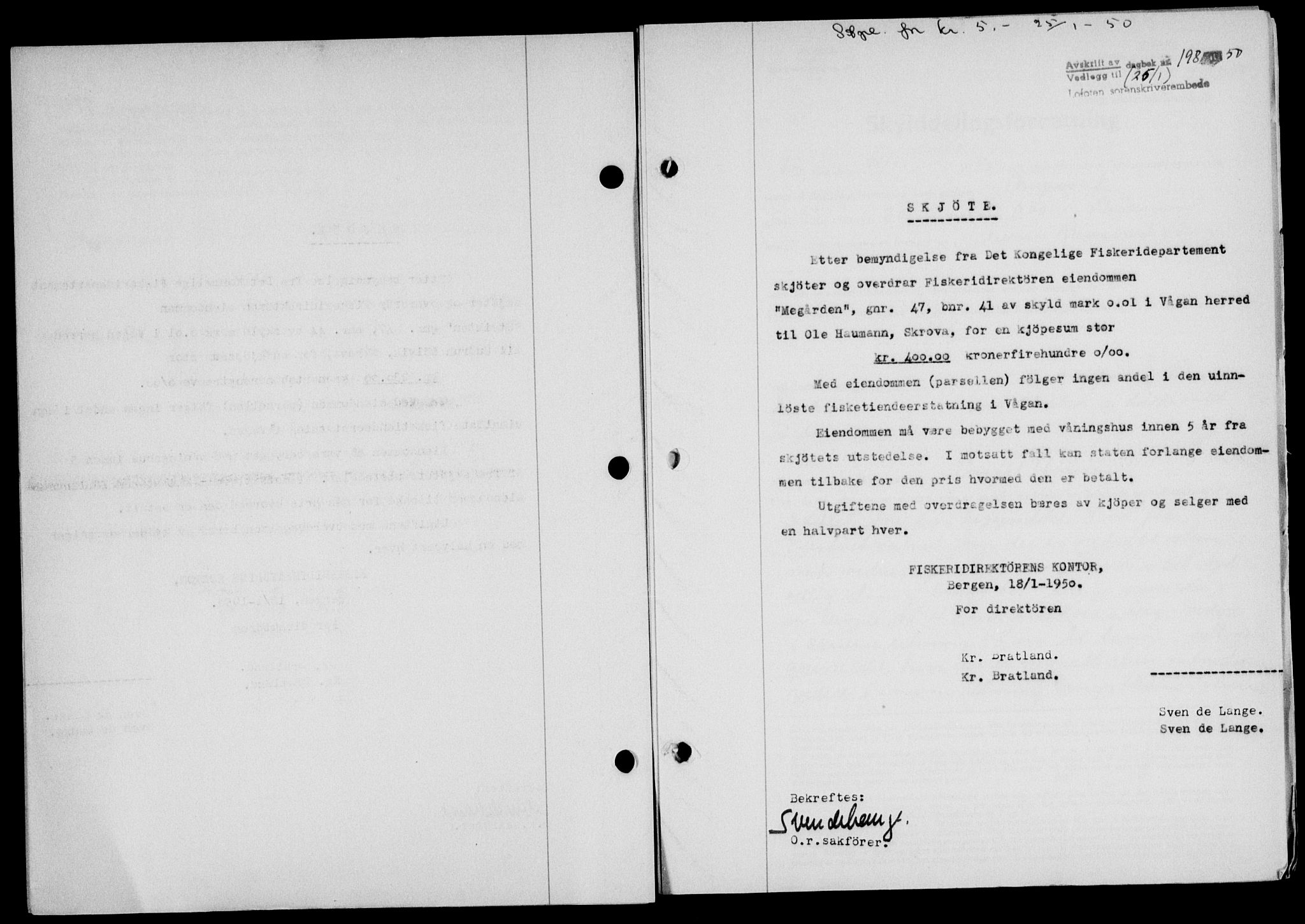Lofoten sorenskriveri, SAT/A-0017/1/2/2C/L0022a: Mortgage book no. 22a, 1949-1950, Diary no: : 198/1950