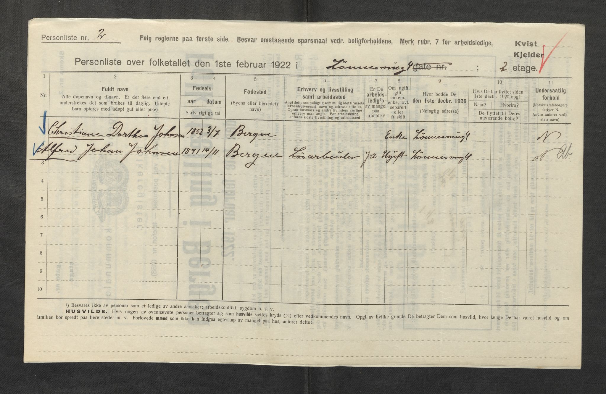 SAB, Municipal Census 1922 for Bergen, 1922, p. 23309