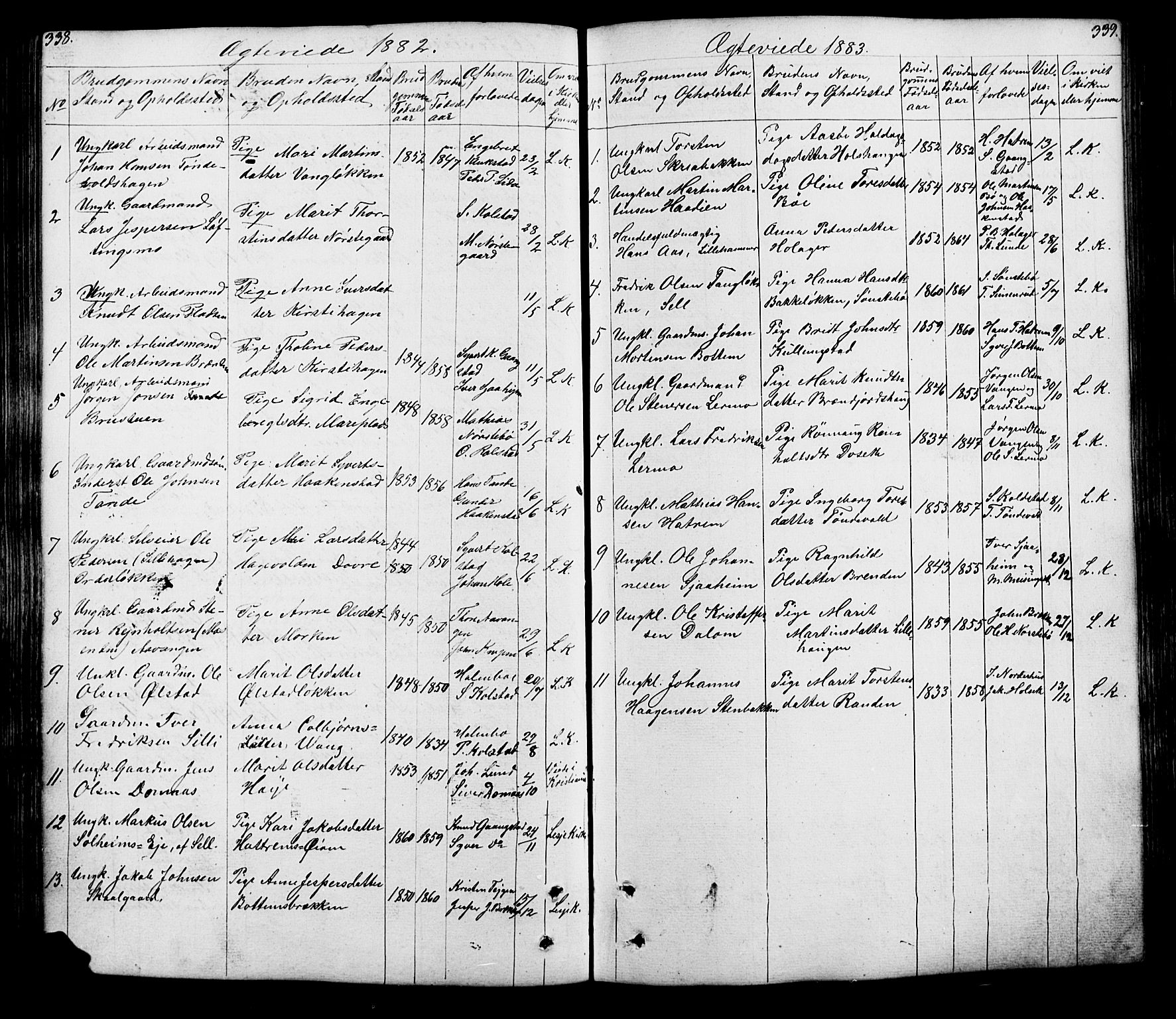 Lesja prestekontor, SAH/PREST-068/H/Ha/Hab/L0005: Parish register (copy) no. 5, 1850-1894, p. 338-339