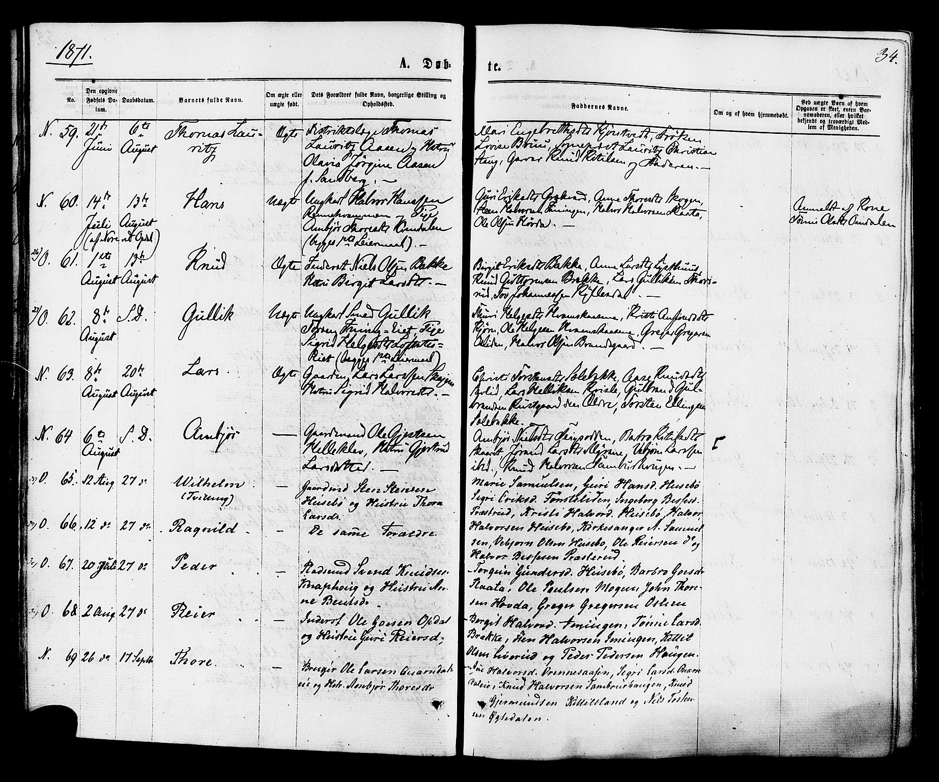 Nore kirkebøker, SAKO/A-238/F/Fa/L0004: Parish register (official) no. I 4, 1867-1877, p. 34