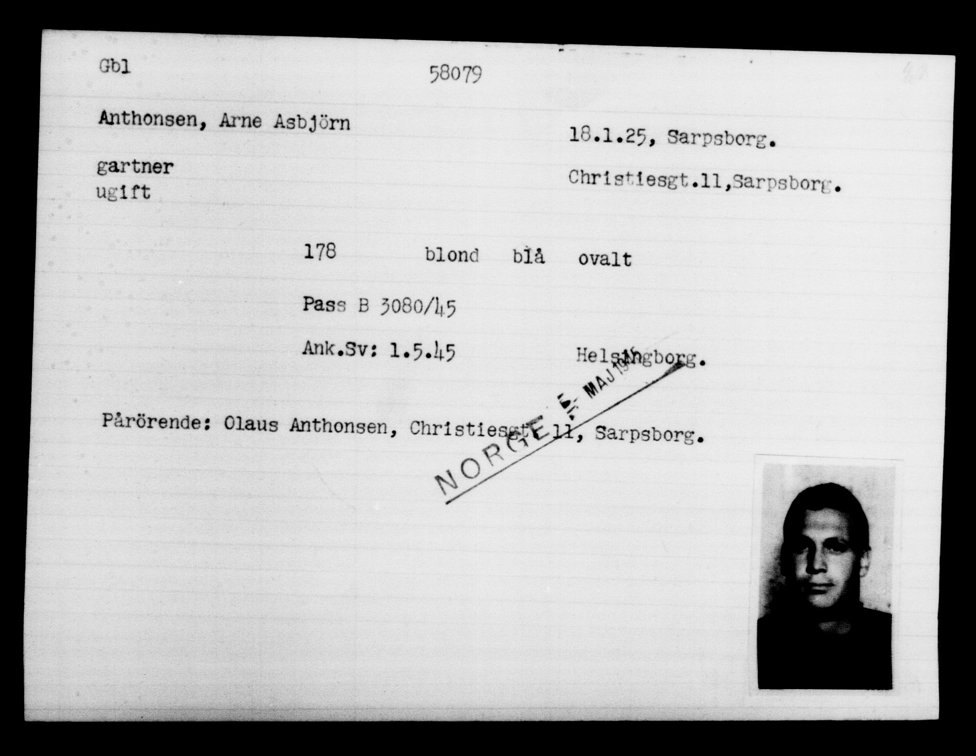 Utenriksstasjonene, Legasjonen i Stockholm, Flyktningkontoret, AV/RA-S-6753/V/Va/L0020: Kjesäterkartoteket, flyktninger med registreringsnr. 55000-58245, 1940-1945, p. 3074