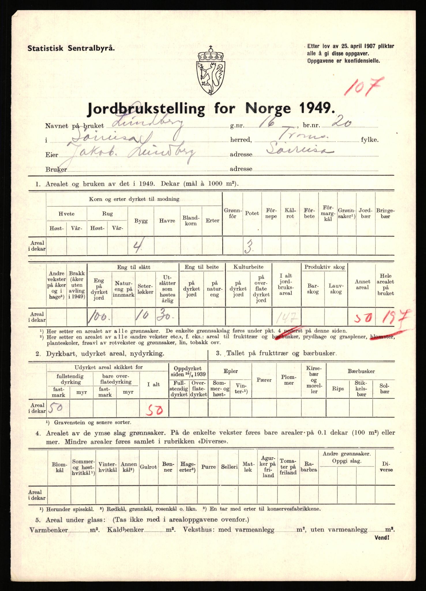 Statistisk sentralbyrå, Næringsøkonomiske emner, Jordbruk, skogbruk, jakt, fiske og fangst, AV/RA-S-2234/G/Gc/L0440: Troms: Sørreisa og Dyrøy, 1949, p. 856