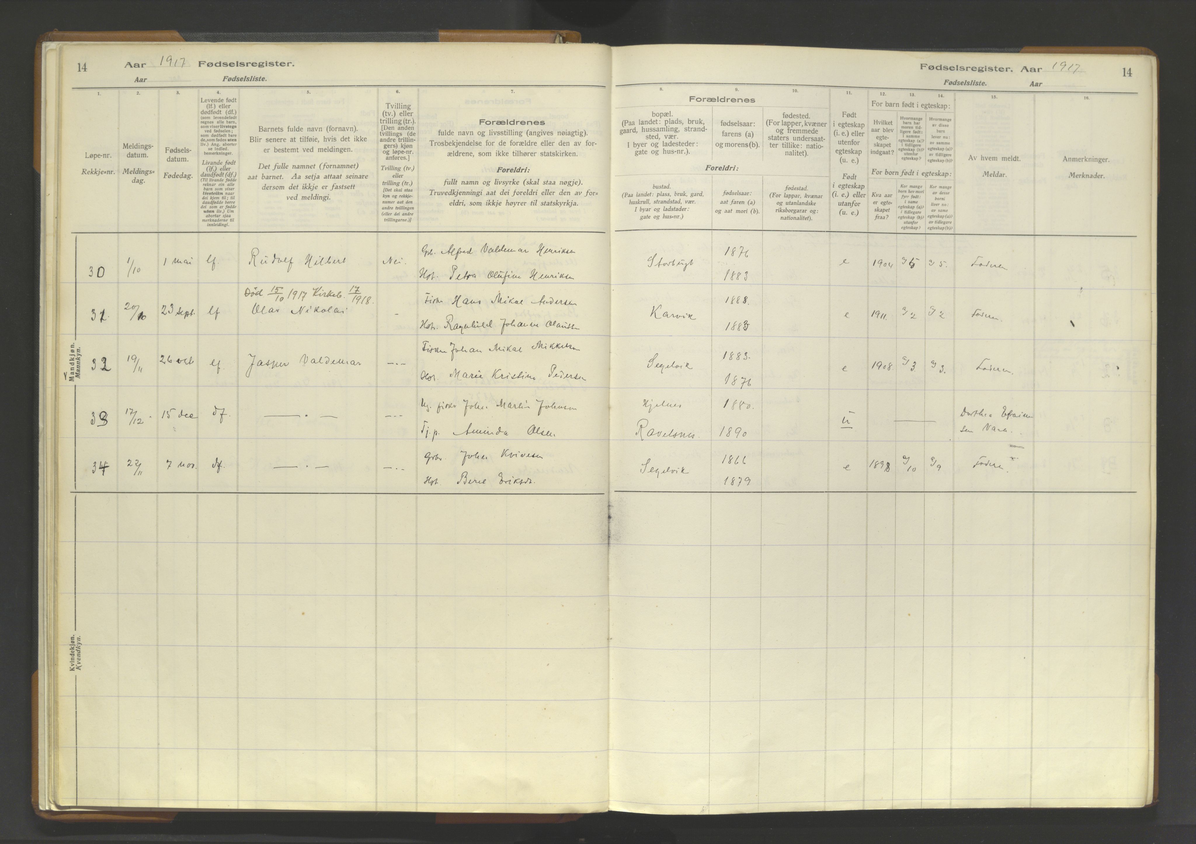 Skjervøy sokneprestkontor, AV/SATØ-S-1300/I/Ia/L0062: Birth register no. 62, 1916-1950, p. 14