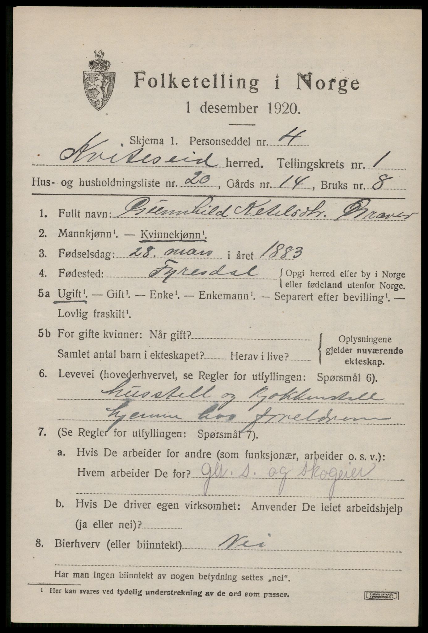 SAKO, 1920 census for Kviteseid, 1920, p. 1641