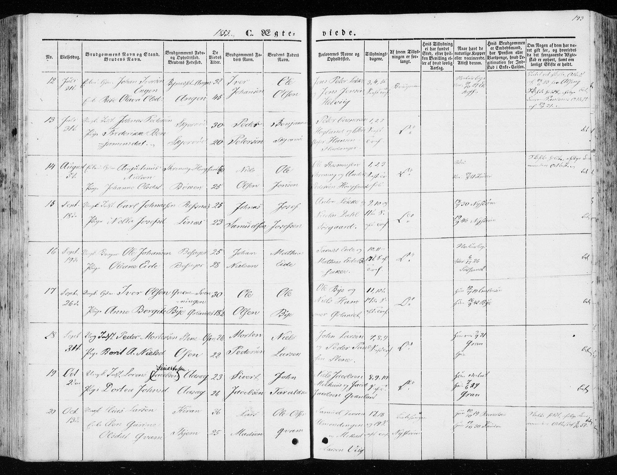 Ministerialprotokoller, klokkerbøker og fødselsregistre - Sør-Trøndelag, SAT/A-1456/657/L0704: Parish register (official) no. 657A05, 1846-1857, p. 193