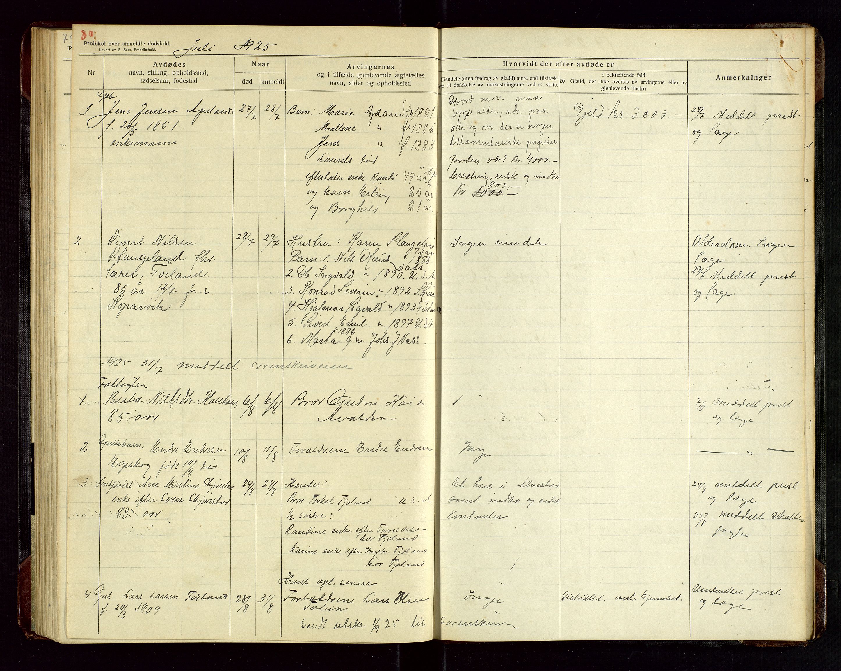 Tysvær lensmannskontor, AV/SAST-A-100192/Gga/L0003: "Protokol over anmeldte dødsfald i Tysvær" med register, 1916-1926, p. 80