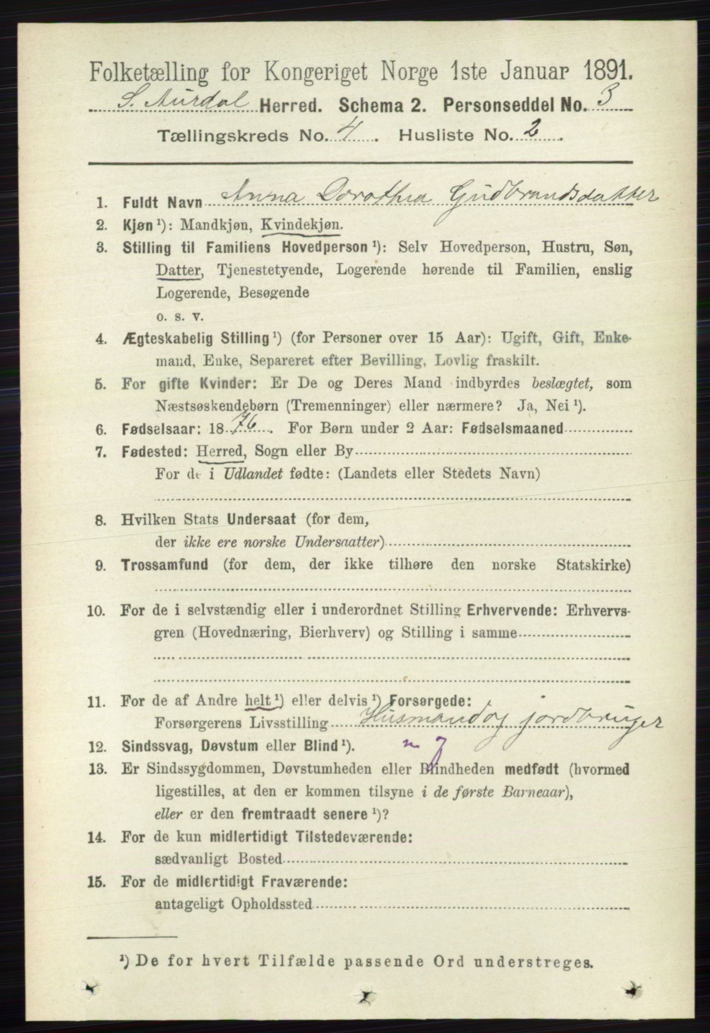 RA, 1891 census for 0540 Sør-Aurdal, 1891, p. 2404