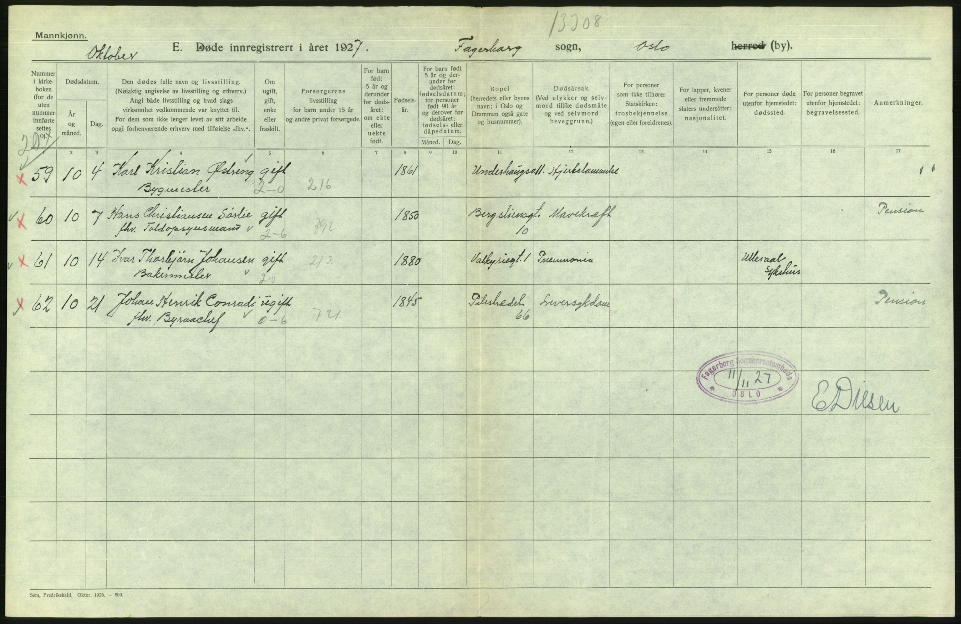 Statistisk sentralbyrå, Sosiodemografiske emner, Befolkning, AV/RA-S-2228/D/Df/Dfc/Dfcg/L0009: Oslo: Døde menn, 1927, p. 184