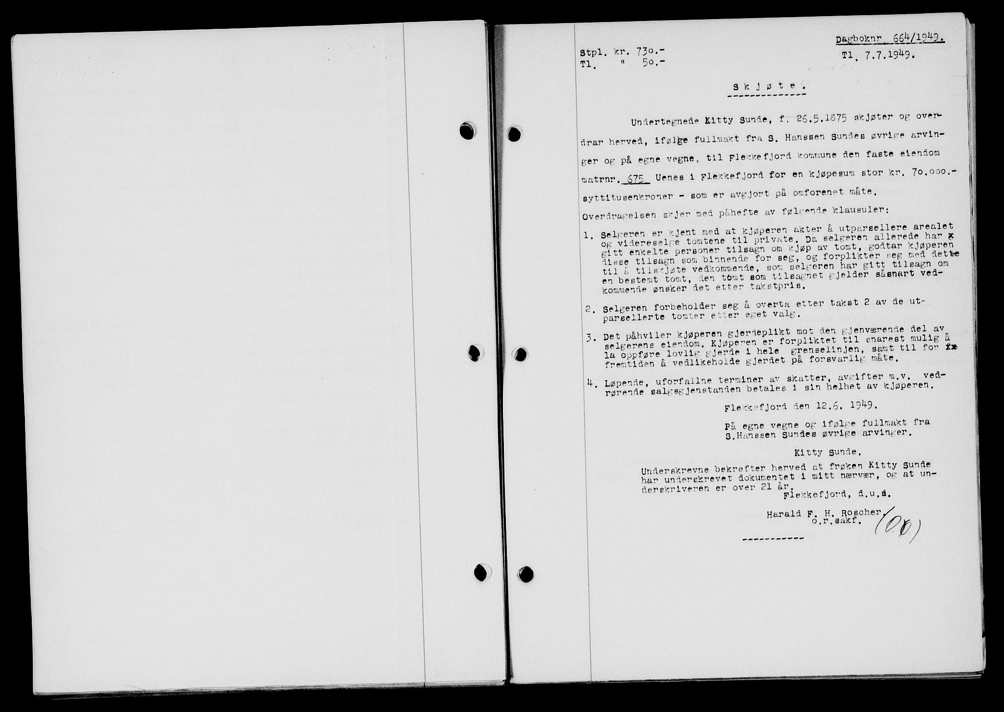 Flekkefjord sorenskriveri, SAK/1221-0001/G/Gb/Gba/L0065: Mortgage book no. A-13, 1949-1949, Diary no: : 664/1949