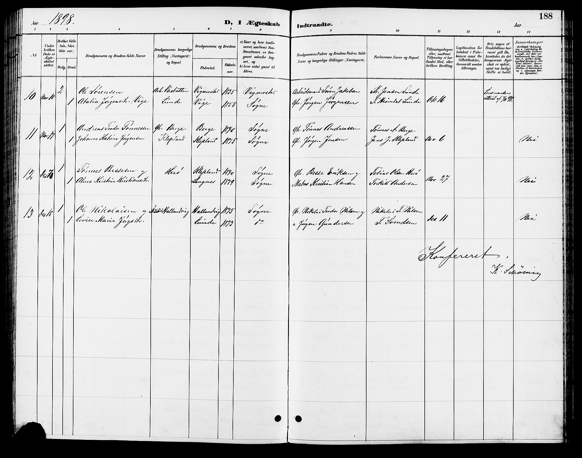 Søgne sokneprestkontor, AV/SAK-1111-0037/F/Fb/Fbb/L0006: Parish register (copy) no. B 6, 1892-1911, p. 188