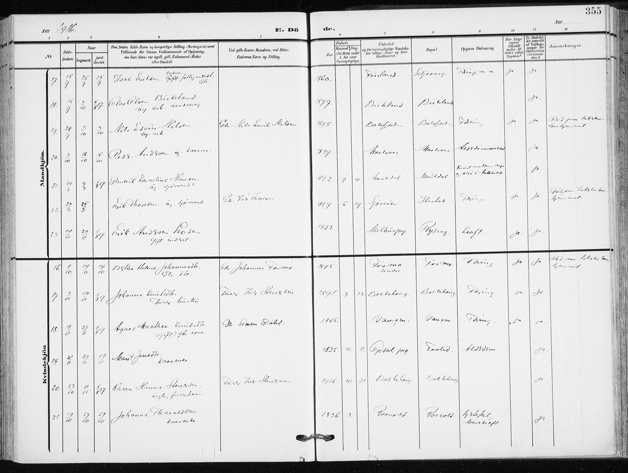 Målselv sokneprestembete, AV/SATØ-S-1311/G/Ga/Gaa/L0011kirke: Parish register (official) no. 11, 1904-1918, p. 355