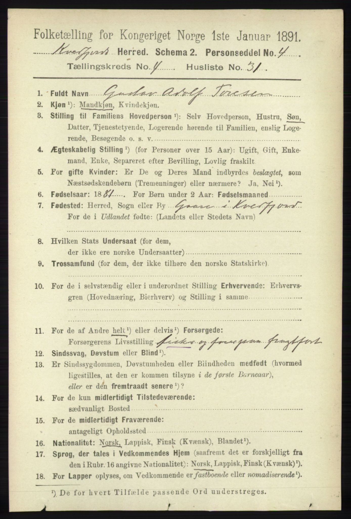 RA, 1891 census for 1911 Kvæfjord, 1891, p. 2094