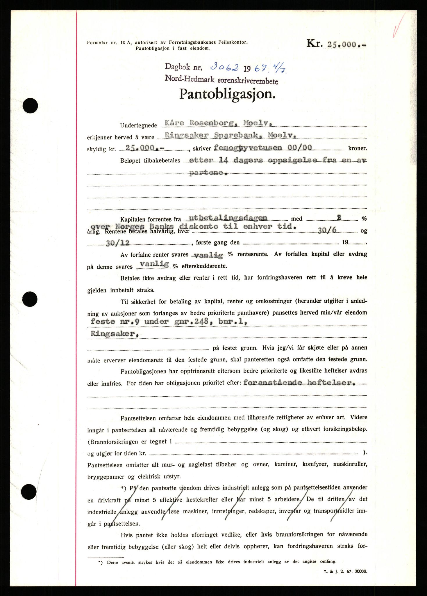 Nord-Hedmark sorenskriveri, SAH/TING-012/H/Hb/Hbf/L0071: Mortgage book no. B71, 1967-1967, Diary no: : 3062/1967