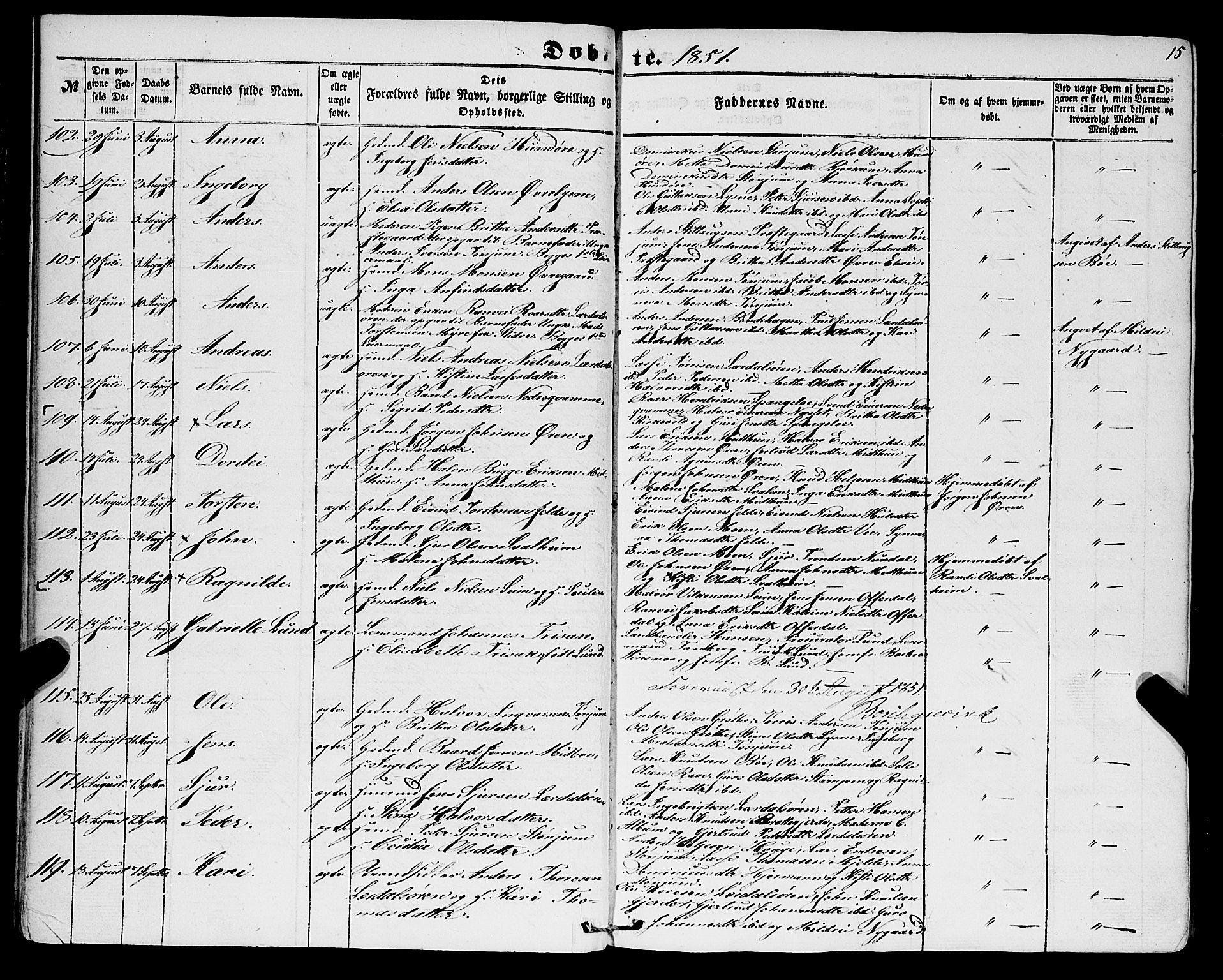 Lærdal sokneprestembete, SAB/A-81201: Parish register (official) no. A 11, 1850-1866, p. 15