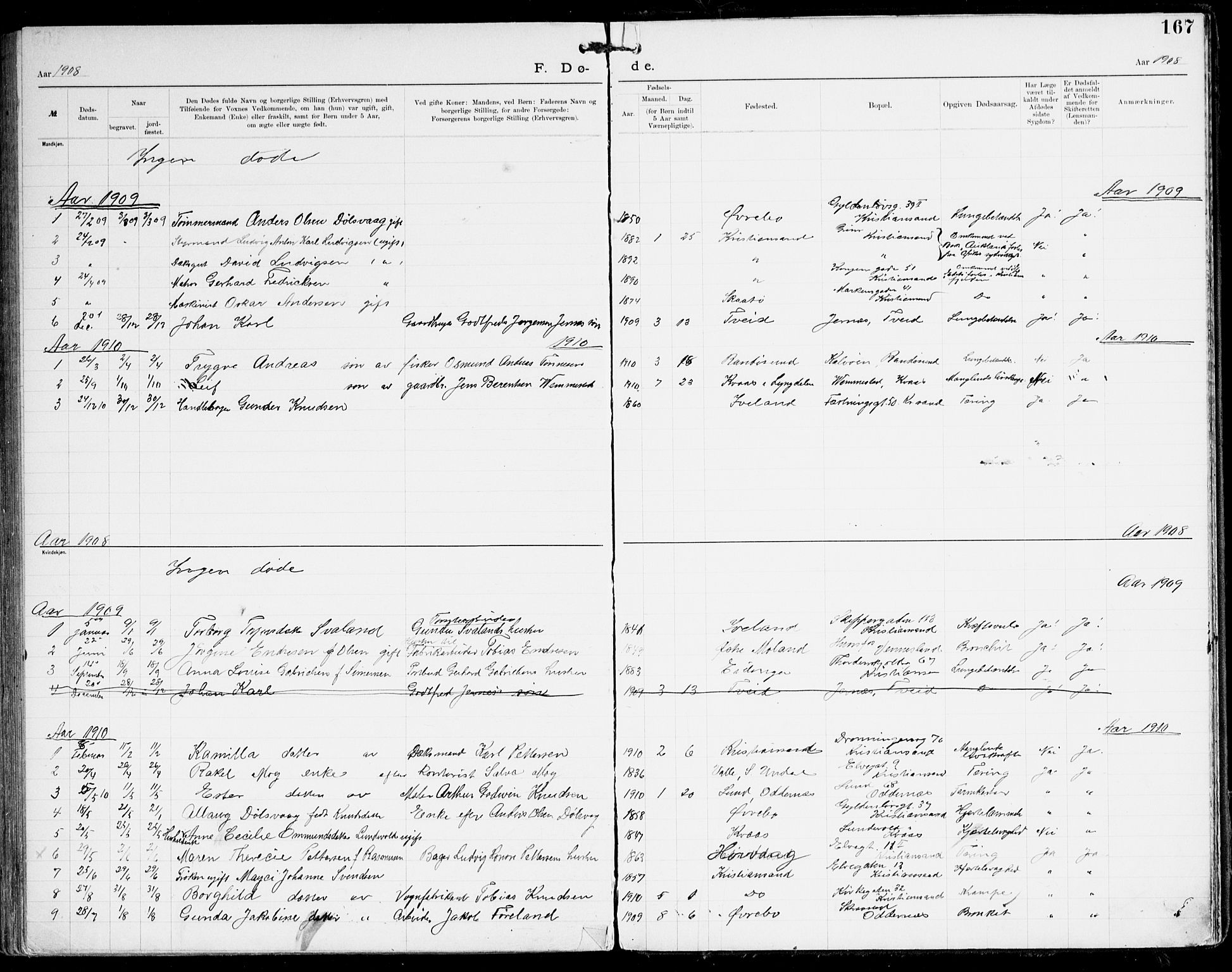 Den evangelisk-lutherske frikirke, Kristiansand, SAK/1292-0017/F/Fa/L0003: Dissenter register no. F 11, 1892-1925, p. 167