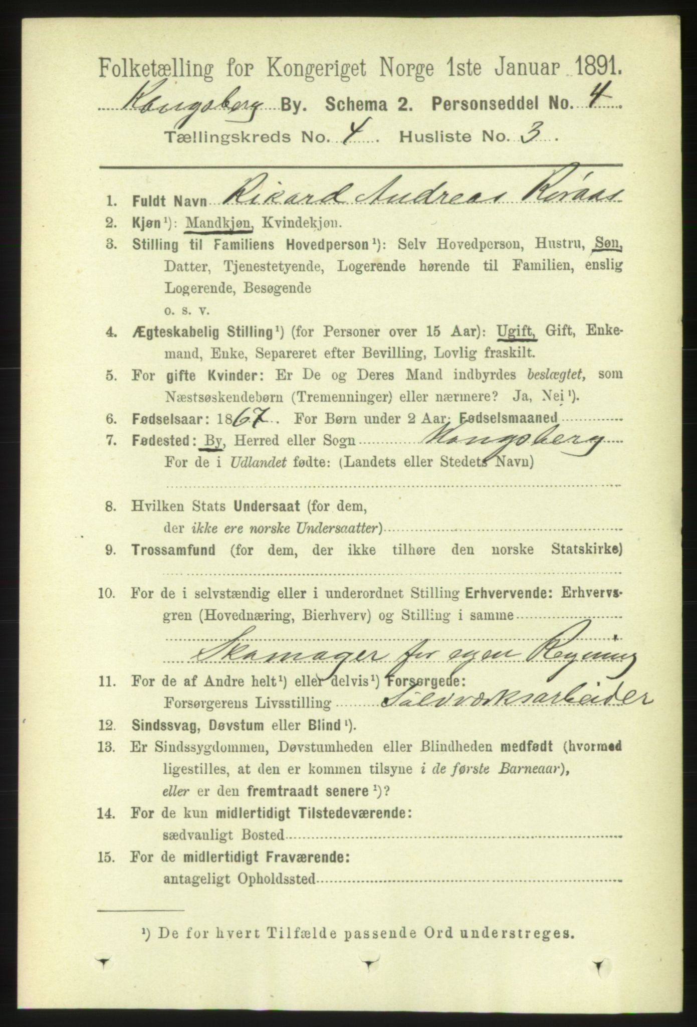 RA, 1891 census for 0604 Kongsberg, 1891, p. 3524