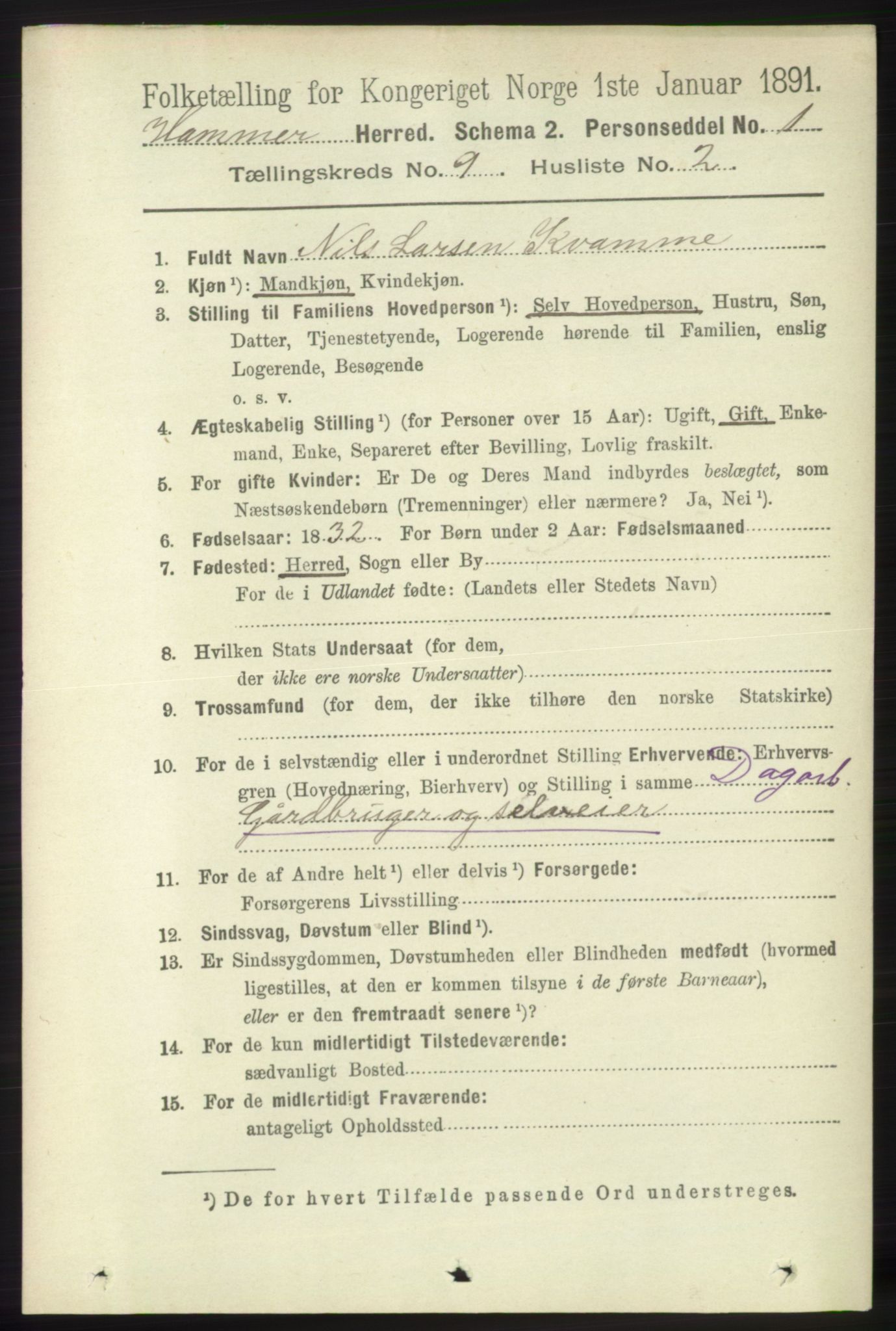 RA, 1891 census for 1254 Hamre, 1891, p. 2299