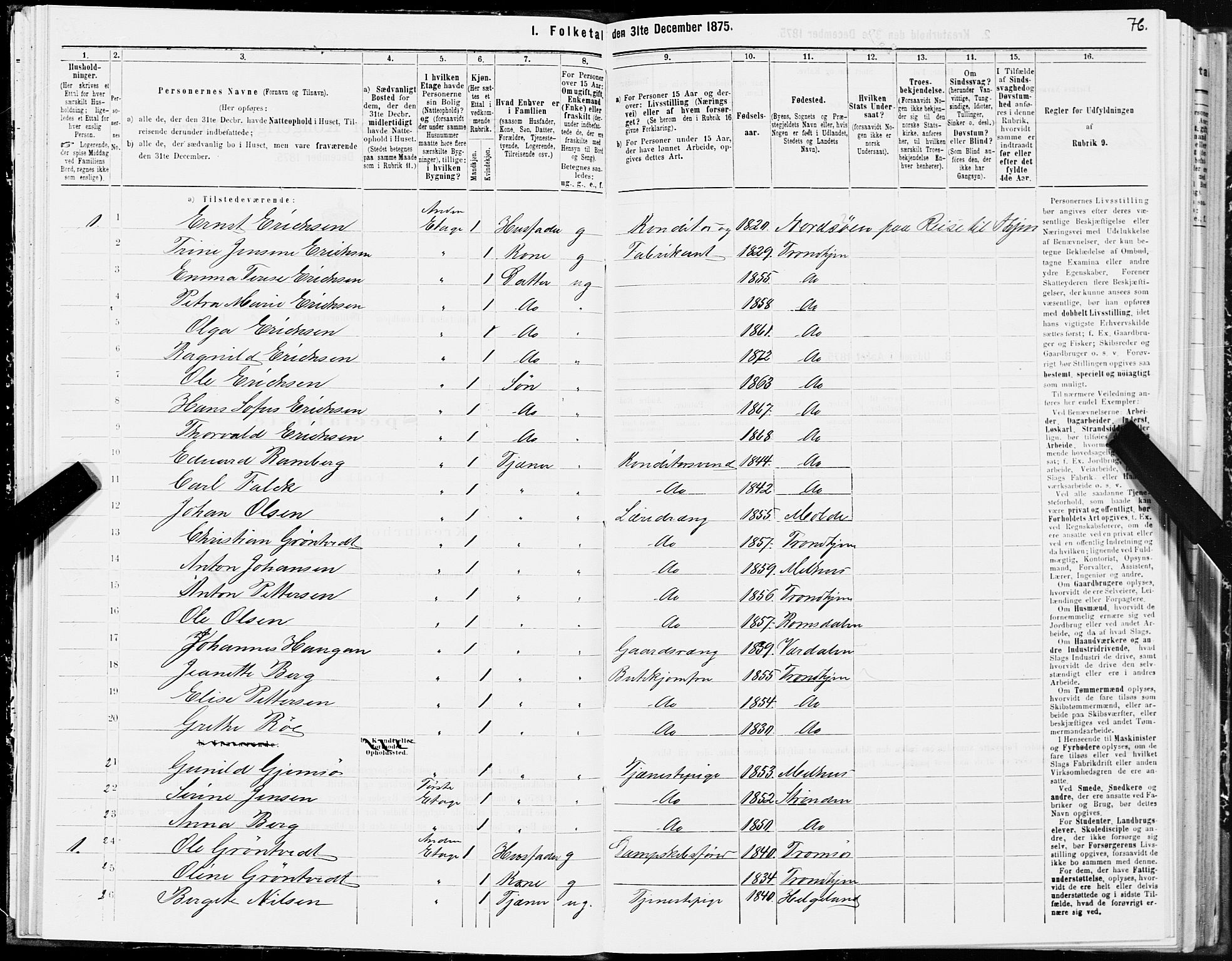 SAT, 1875 census for 1601 Trondheim, 1875, p. 4076