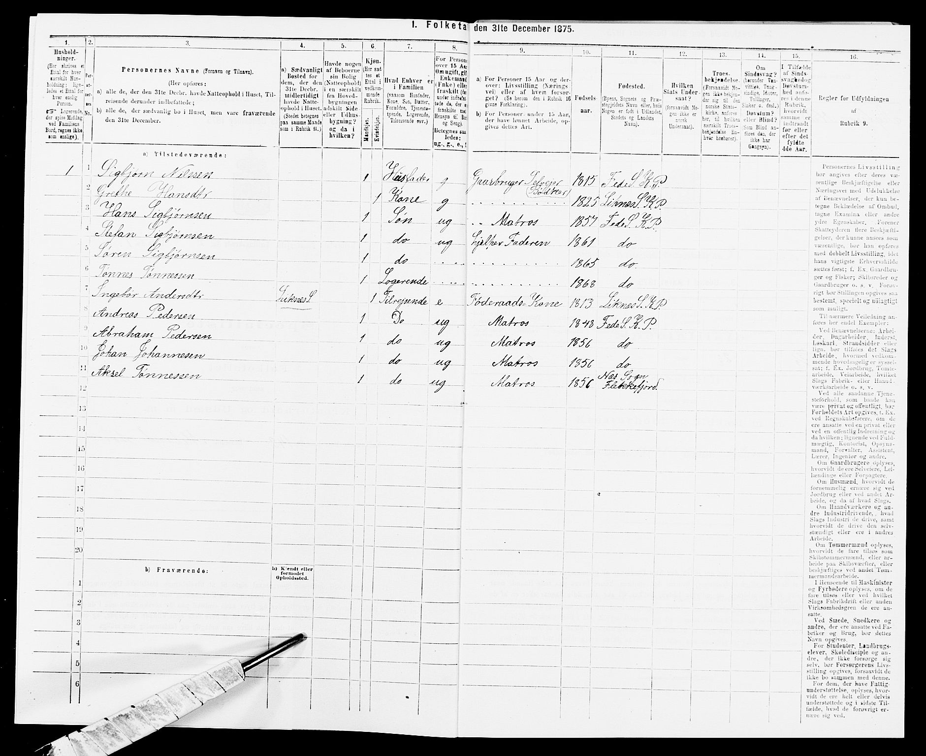 SAK, 1875 census for 1037P Kvinesdal, 1875, p. 1229