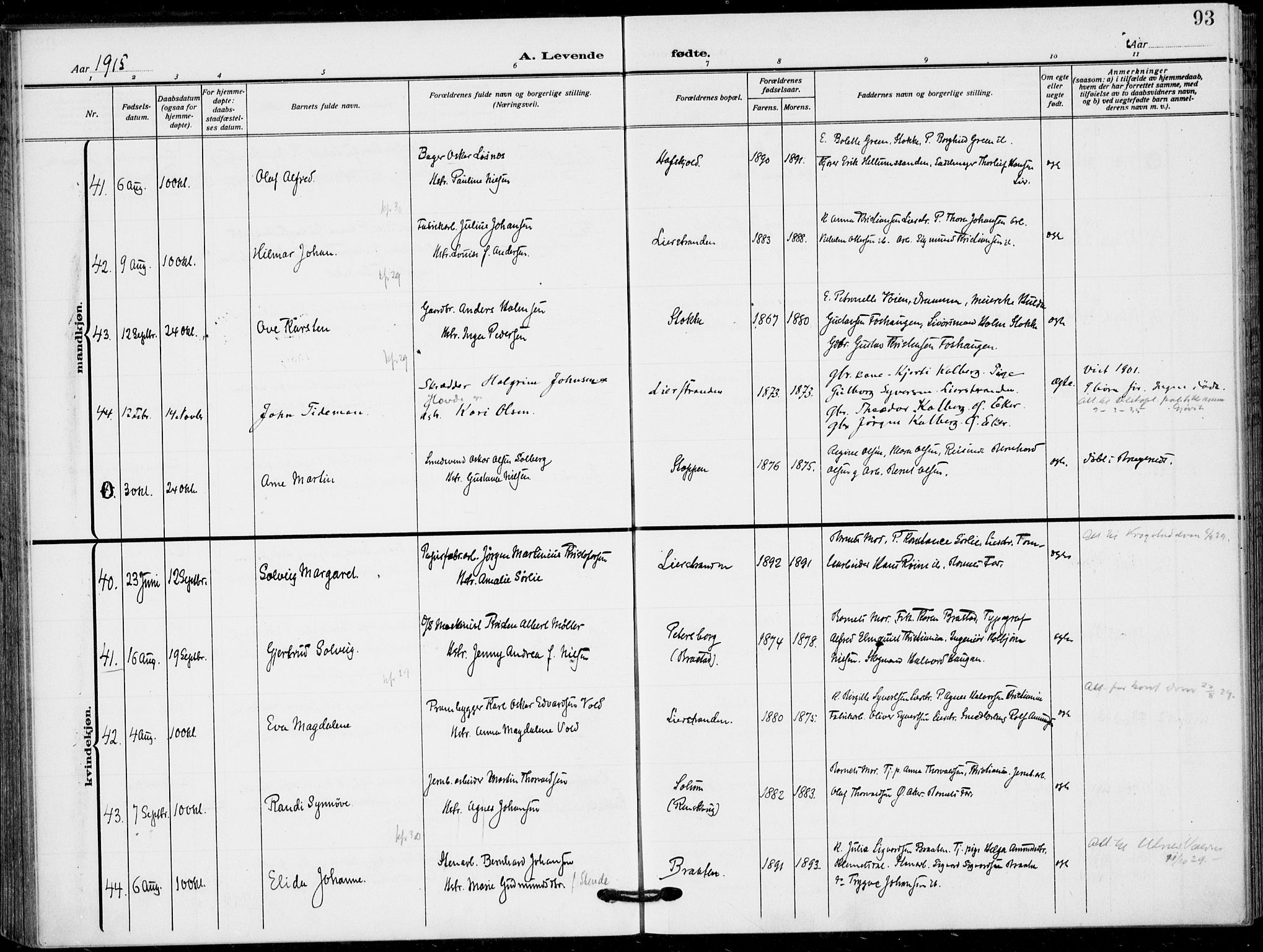 Lier kirkebøker, AV/SAKO-A-230/F/Fa/L0018: Parish register (official) no. I 18, 1909-1917, p. 93