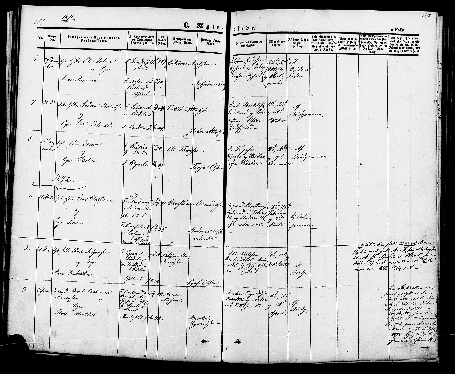 Fjotland sokneprestkontor, SAK/1111-0010/F/Fa/L0001: Parish register (official) no. A 1, 1850-1879, p. 157