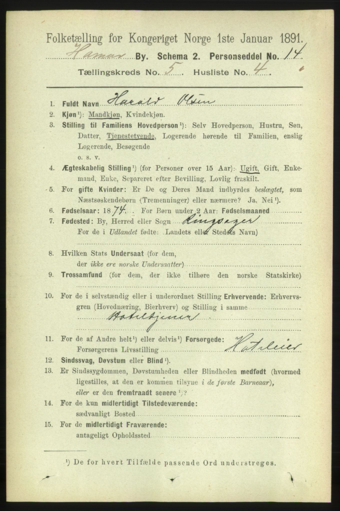 RA, 1891 census for 0401 Hamar, 1891, p. 3748