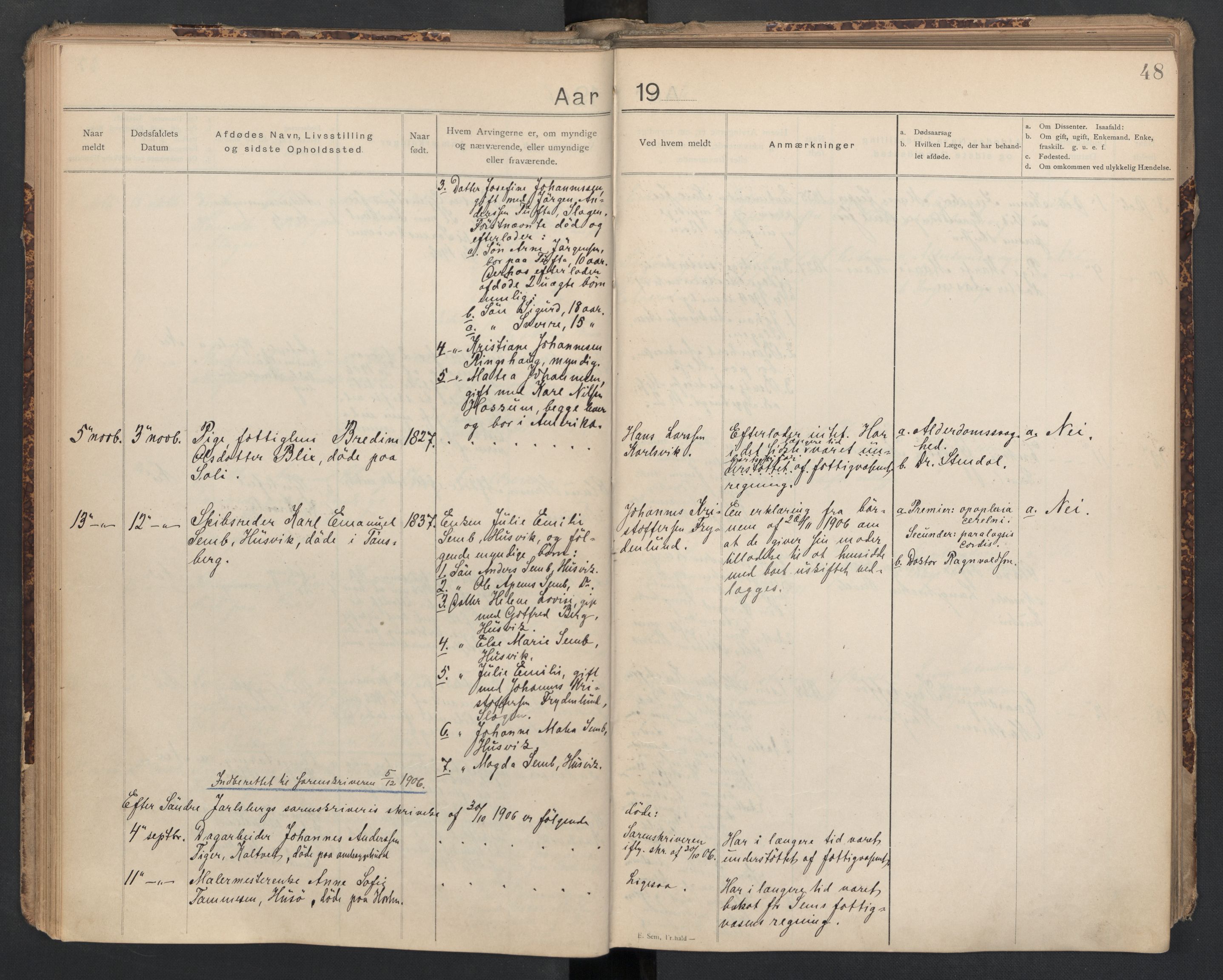 Sem lensmannskontor, AV/SAKO-A-547/H/Ha/L0005: Dødsfallsprotokoll, 1903-1916, p. 48