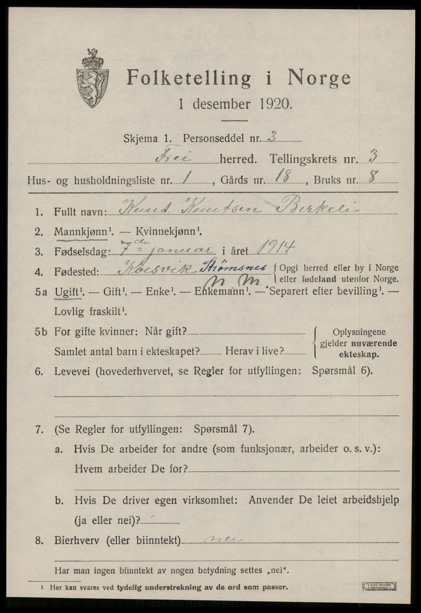 SAT, 1920 census for Frei, 1920, p. 1701