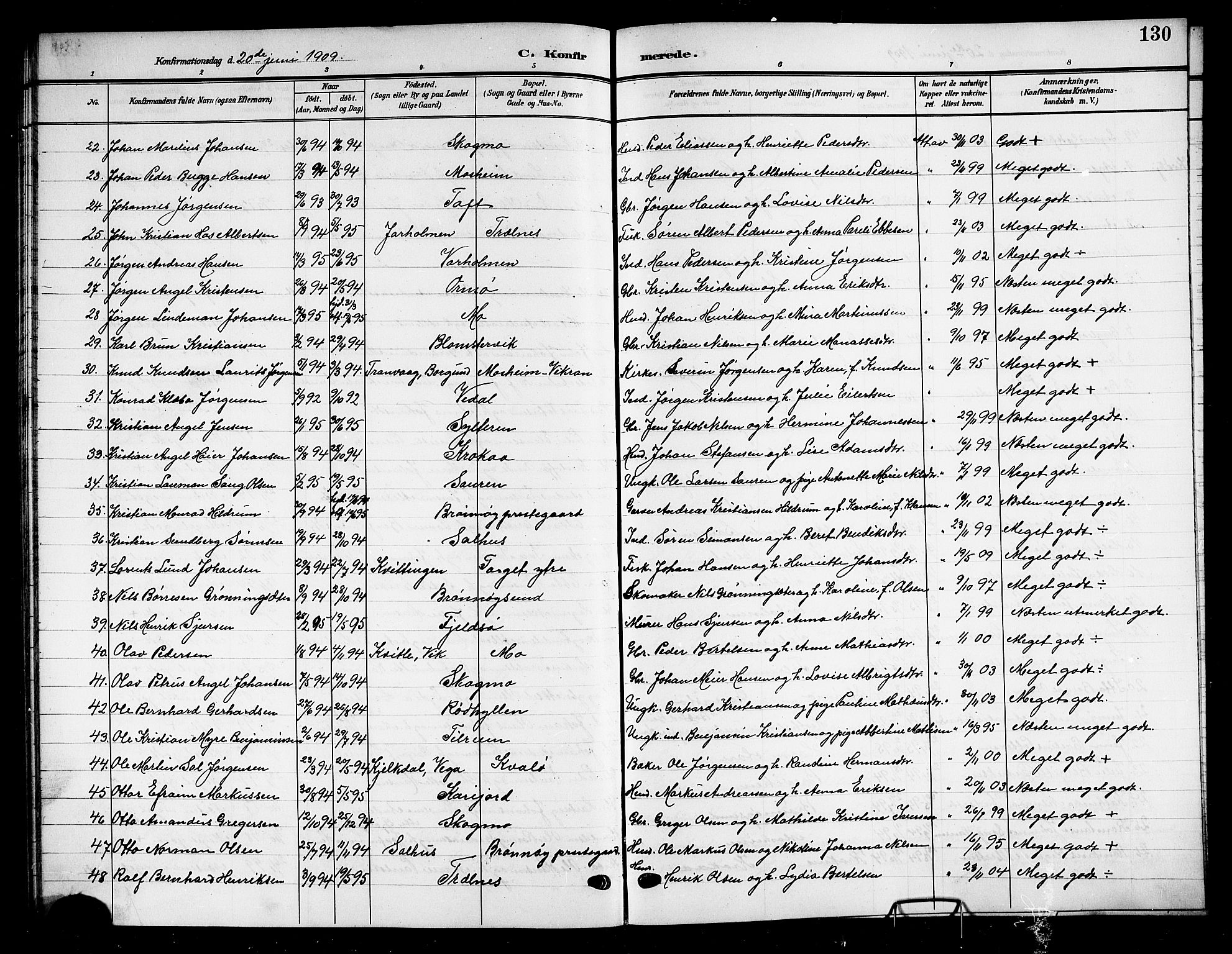 Ministerialprotokoller, klokkerbøker og fødselsregistre - Nordland, SAT/A-1459/813/L0214: Parish register (copy) no. 813C06, 1904-1917, p. 130
