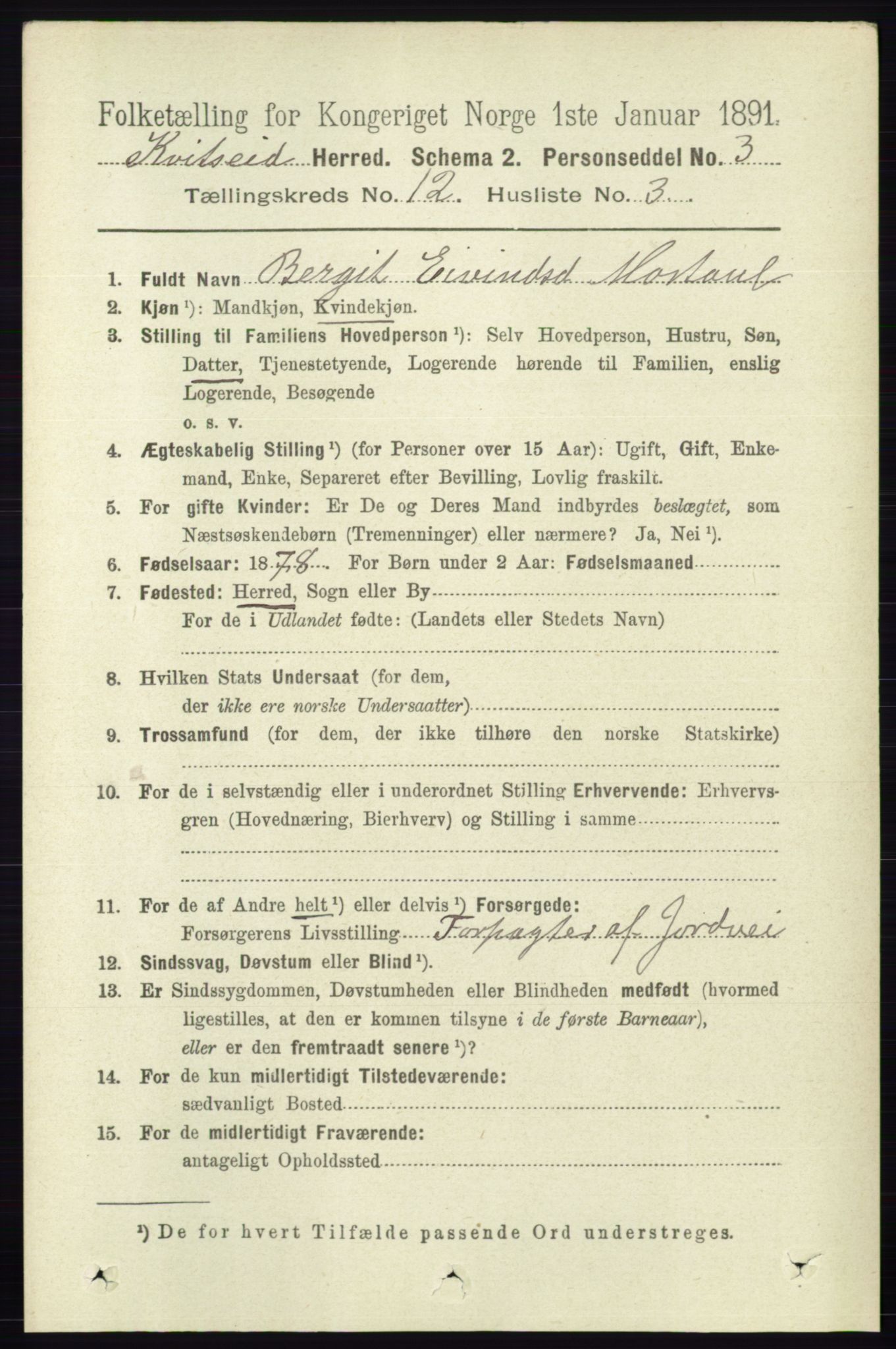 RA, 1891 census for 0829 Kviteseid, 1891, p. 2854