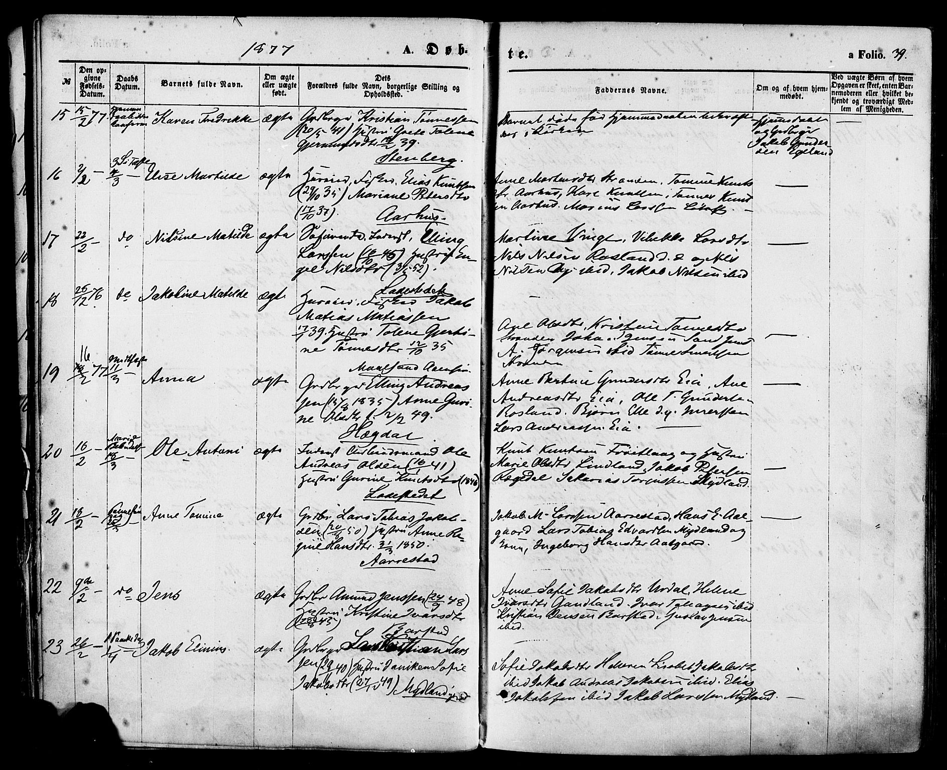 Sokndal sokneprestkontor, SAST/A-101808: Parish register (official) no. A 10, 1874-1886, p. 39