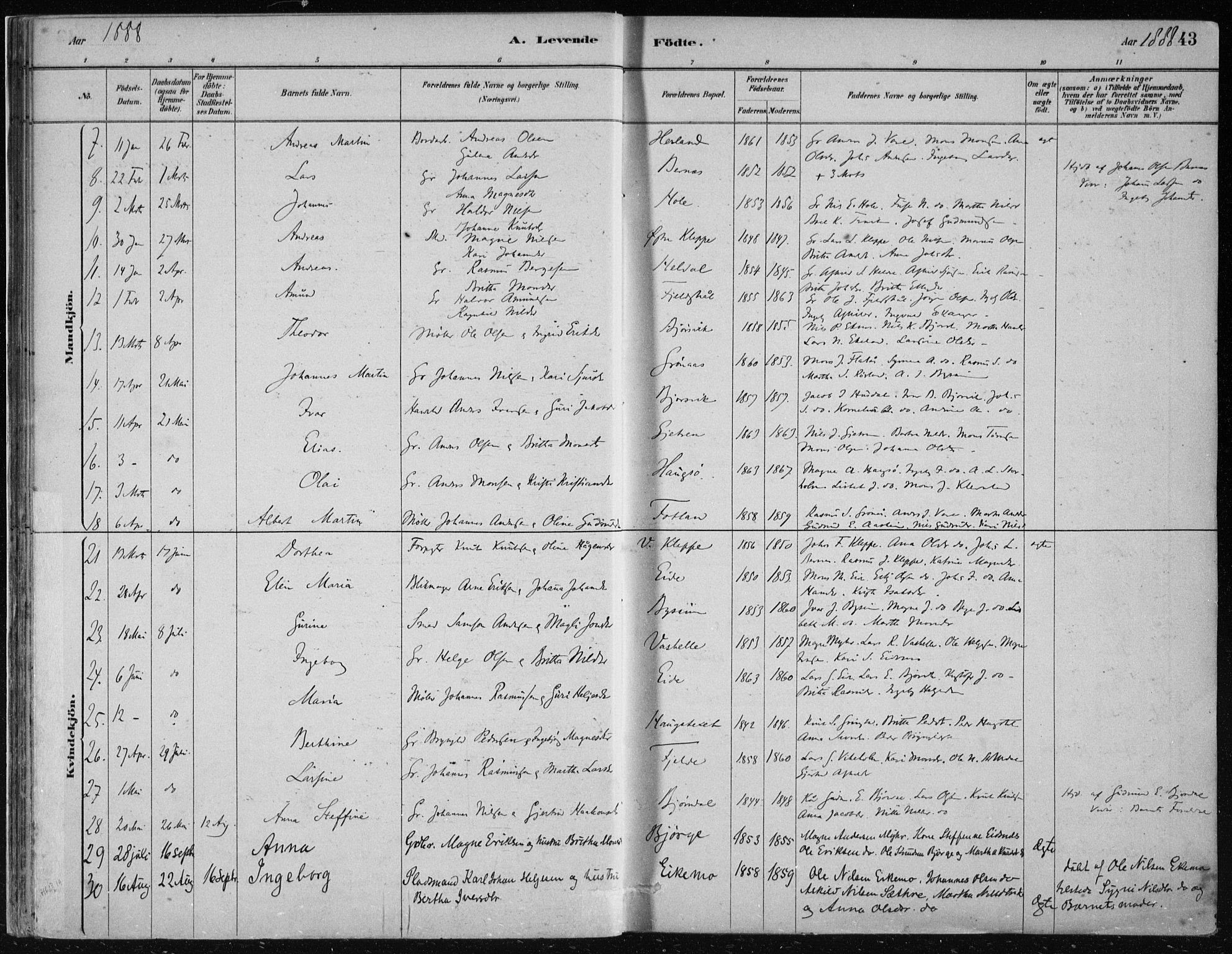 Hosanger sokneprestembete, AV/SAB-A-75801/H/Haa: Parish register (official) no. B  1, 1880-1896, p. 43