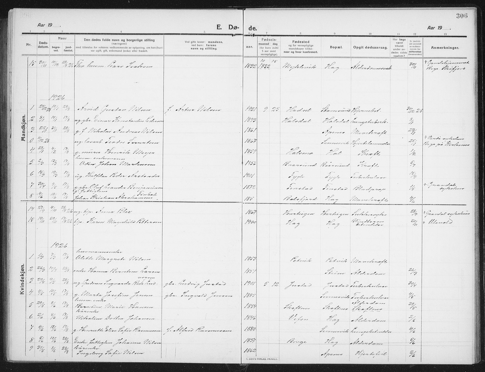 Ministerialprotokoller, klokkerbøker og fødselsregistre - Nordland, SAT/A-1459/882/L1183: Parish register (copy) no. 882C01, 1911-1938, p. 306