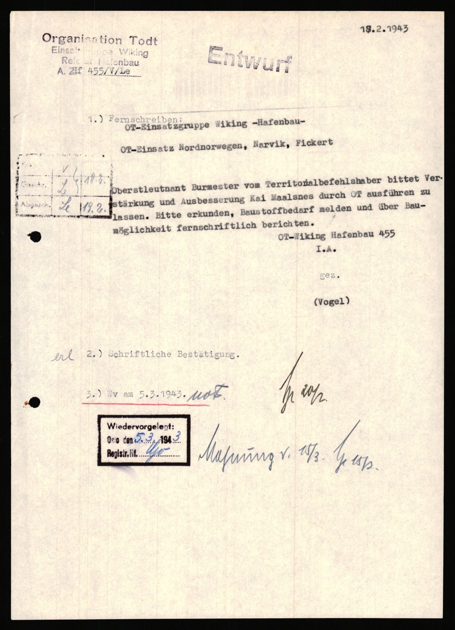 Tyske arkiver, Organisation Todt (OT), Einsatzgruppe Wiking, AV/RA-RAFA-2188/1/E/E6/E6a/L0008: 4. Oberbauleitung Narvik: Arkivkode 451-483, 1940-1945, p. 25