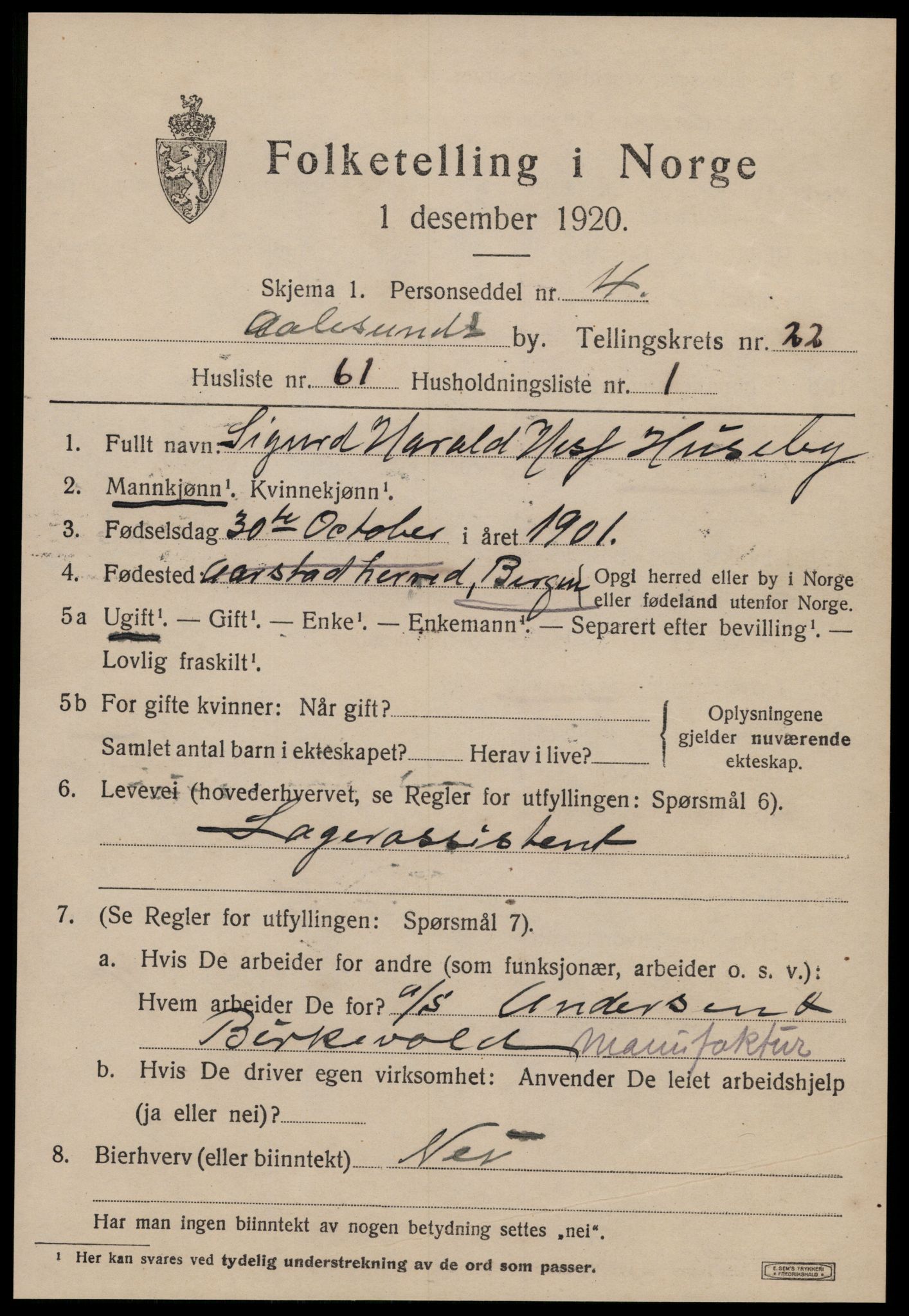 SAT, 1920 census for Ålesund, 1920, p. 41992