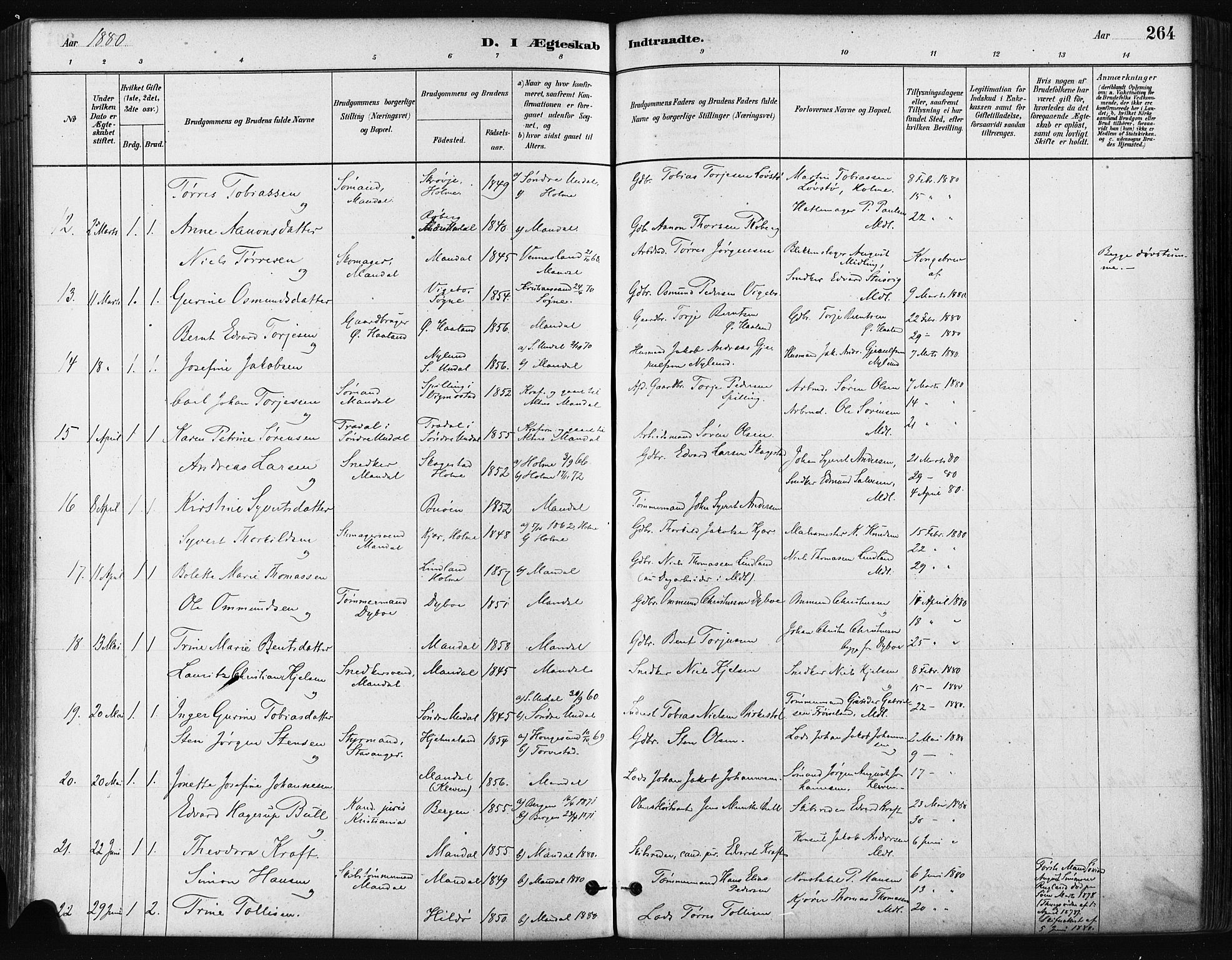 Mandal sokneprestkontor, AV/SAK-1111-0030/F/Fa/Faa/L0016: Parish register (official) no. A 16, 1880-1890, p. 264