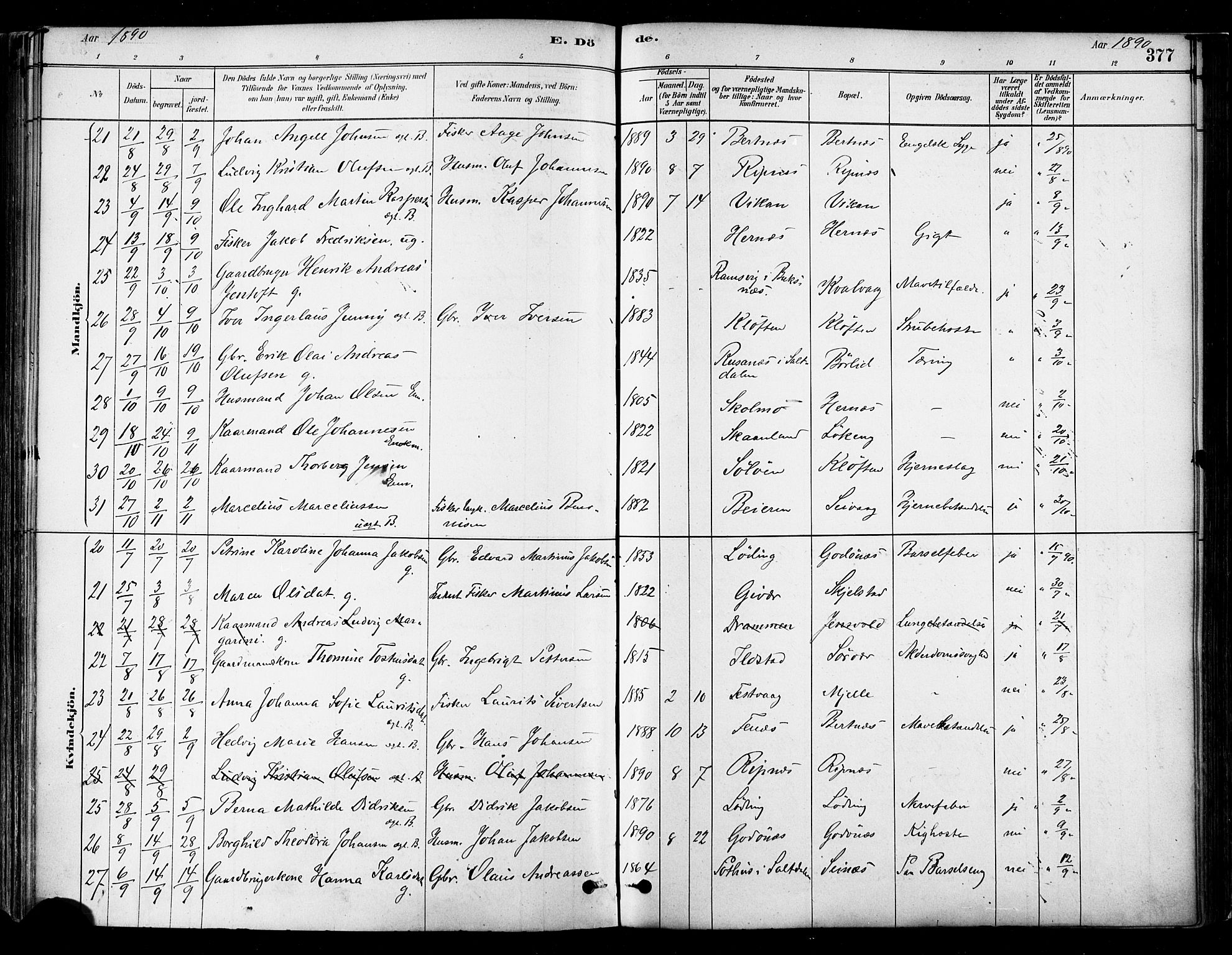 Ministerialprotokoller, klokkerbøker og fødselsregistre - Nordland, SAT/A-1459/802/L0054: Parish register (official) no. 802A01, 1879-1893, p. 377