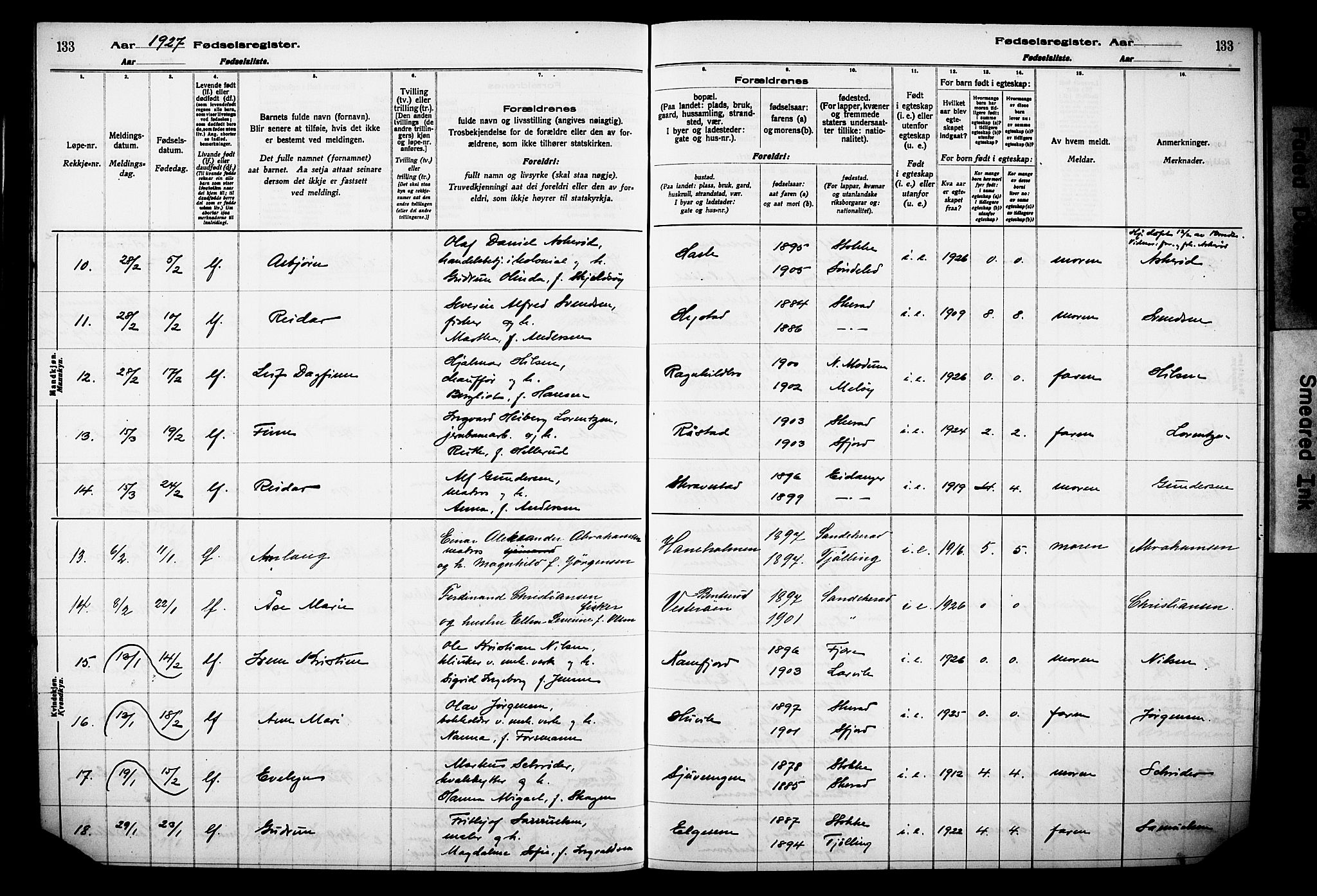 Sandar kirkebøker, AV/SAKO-A-243/J/Ja/L0002: Birth register no. 2, 1922-1929, p. 133