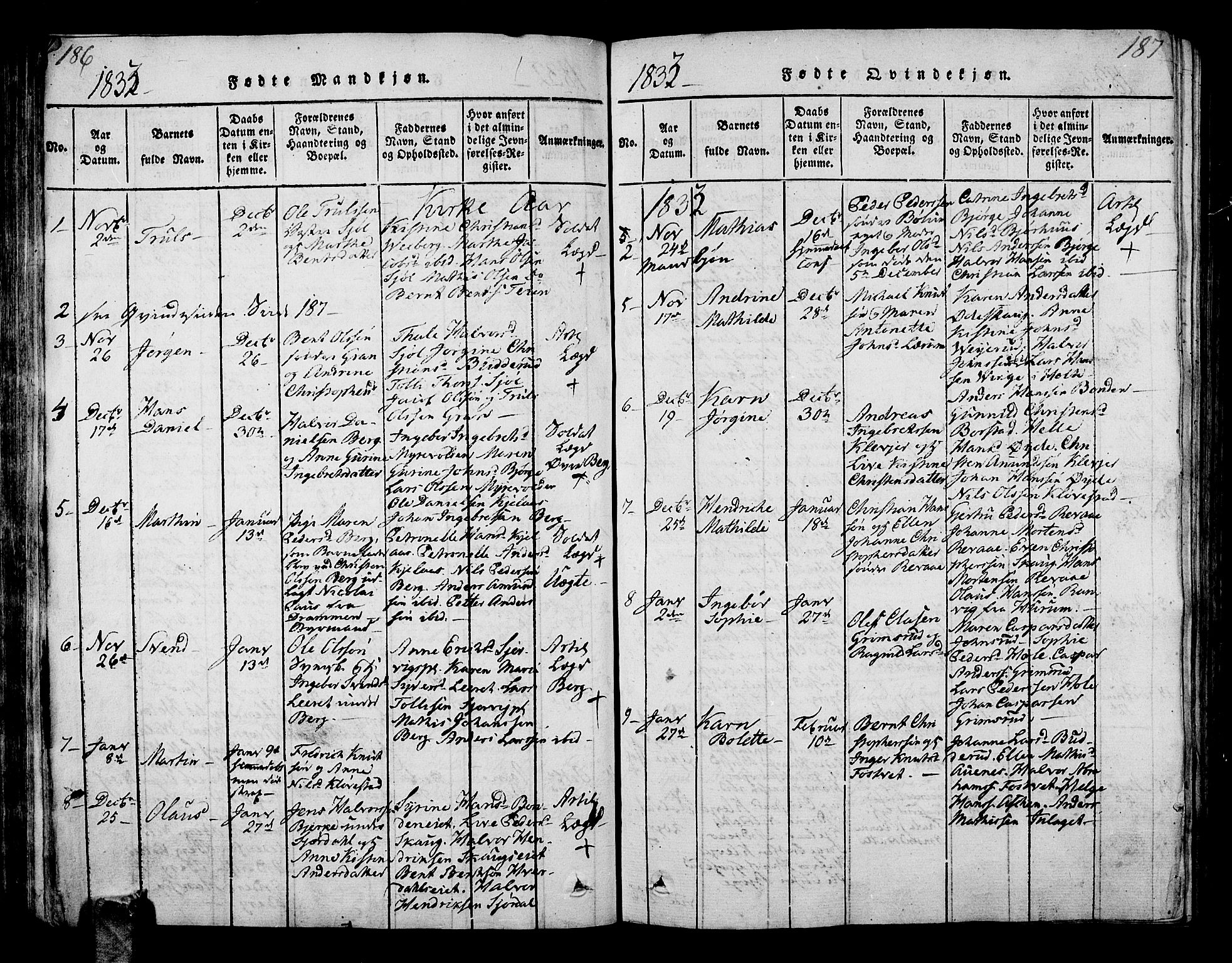 Sande Kirkebøker, AV/SAKO-A-53/G/Ga/L0001: Parish register (copy) no. 1, 1814-1847, p. 186-187
