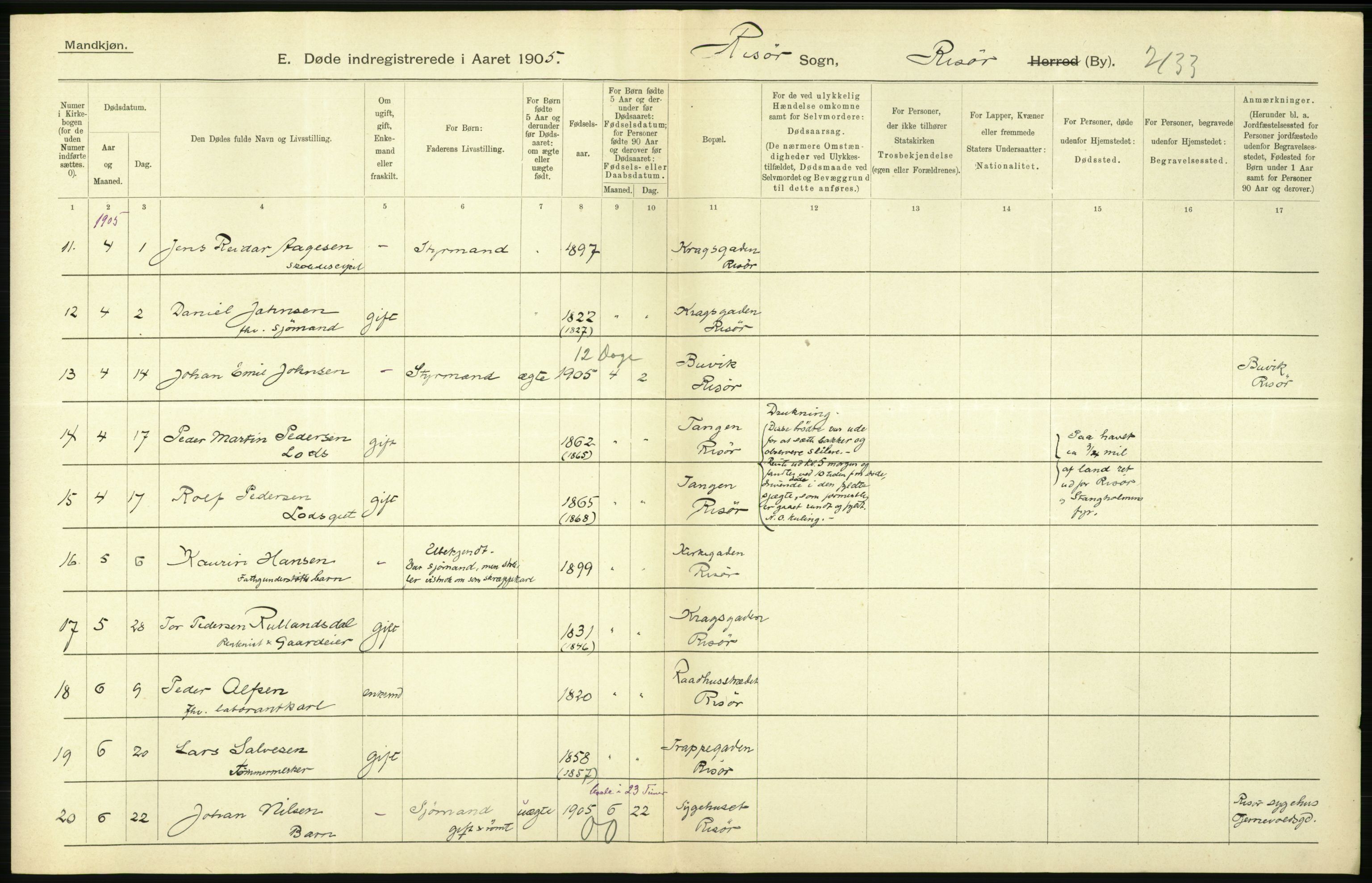 Statistisk sentralbyrå, Sosiodemografiske emner, Befolkning, AV/RA-S-2228/D/Df/Dfa/Dfac/L0043: Bratsberg - Lister og Mandals amt: Levendefødte menn og kvinner, gifte, døde, dødfødte. Byer., 1905, p. 492